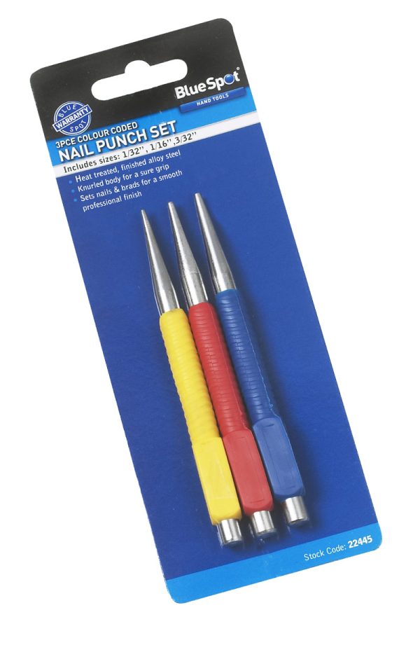 Bluespot 3pc Nail Punch Set Heat-Treated Alloy Steel Knurled Handles