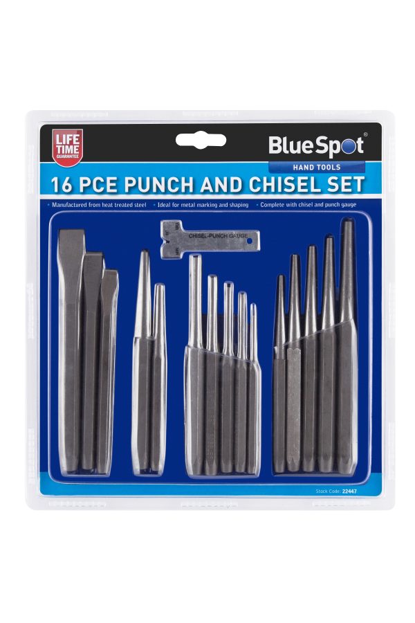 Bluespot 16pc Heat Treated Alloy Steel Metal Punch Chisel Set w/ Gauge