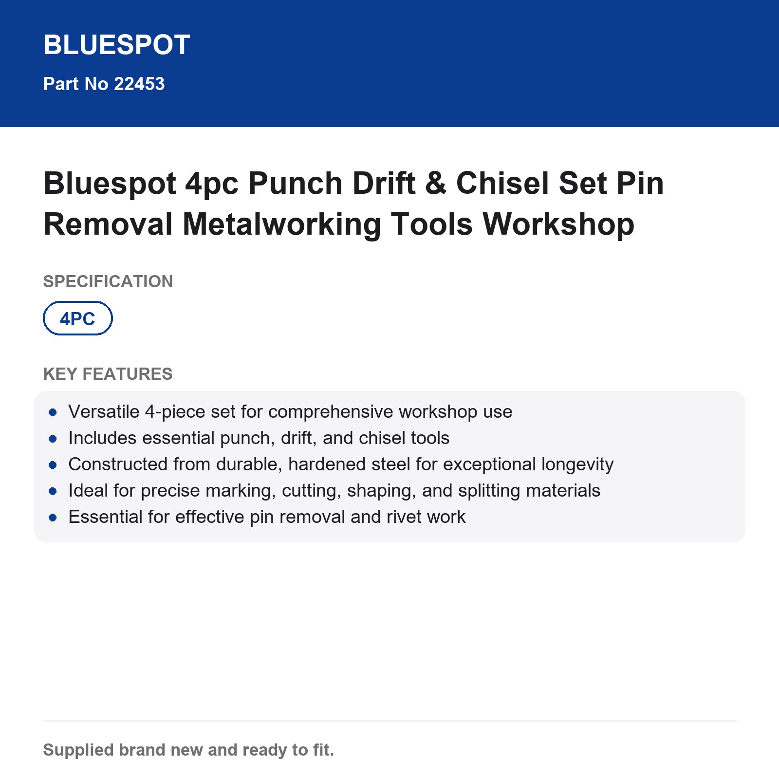 Bluespot 4pc Punch Drift & Chisel Set Pin Removal Metalworking Tools Workshop - Image 5