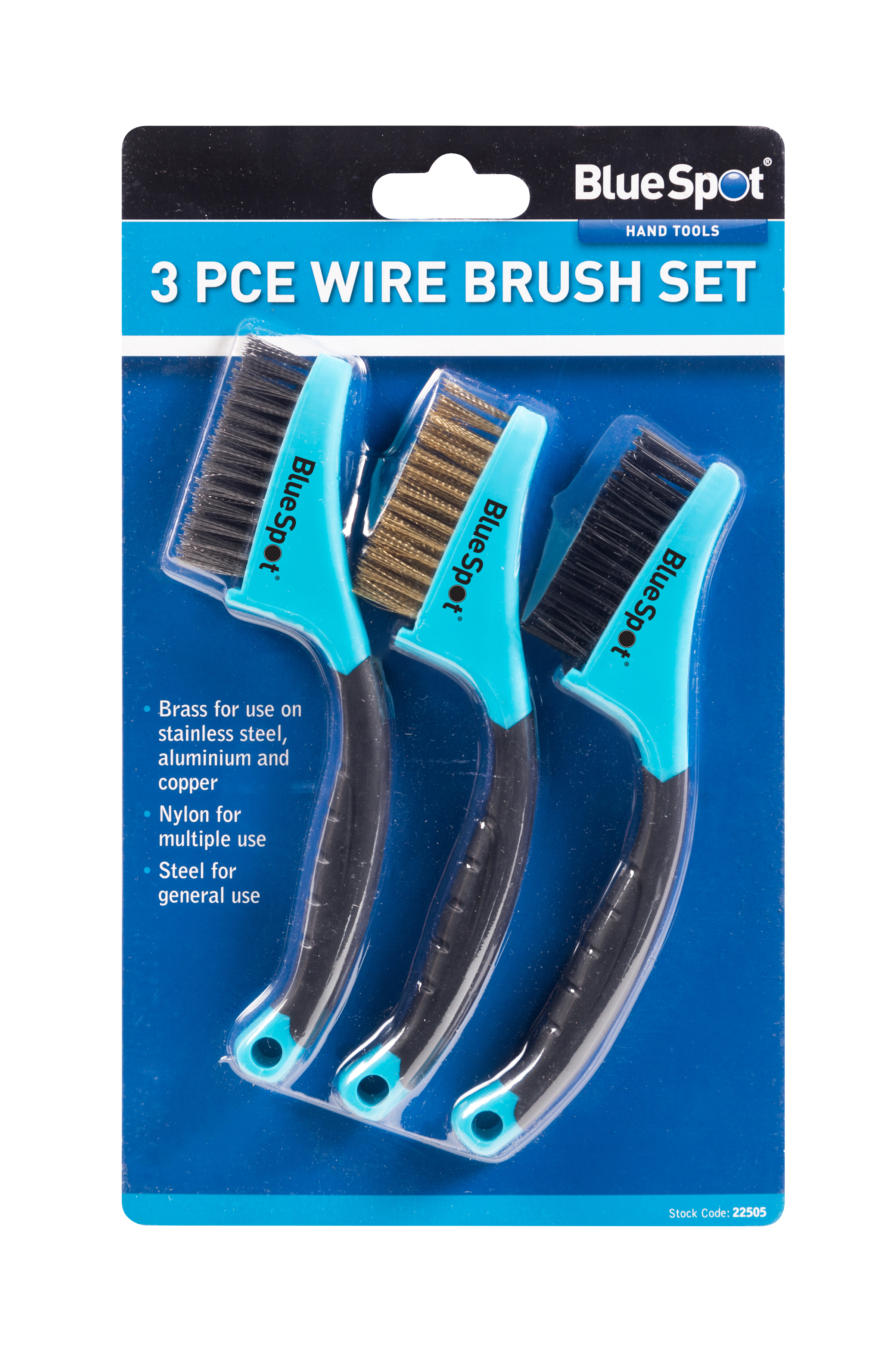 BlueSpot 3pc Wire Brush Set Brass Nylon Steel Ergonomic Grip for Home Hobby Work