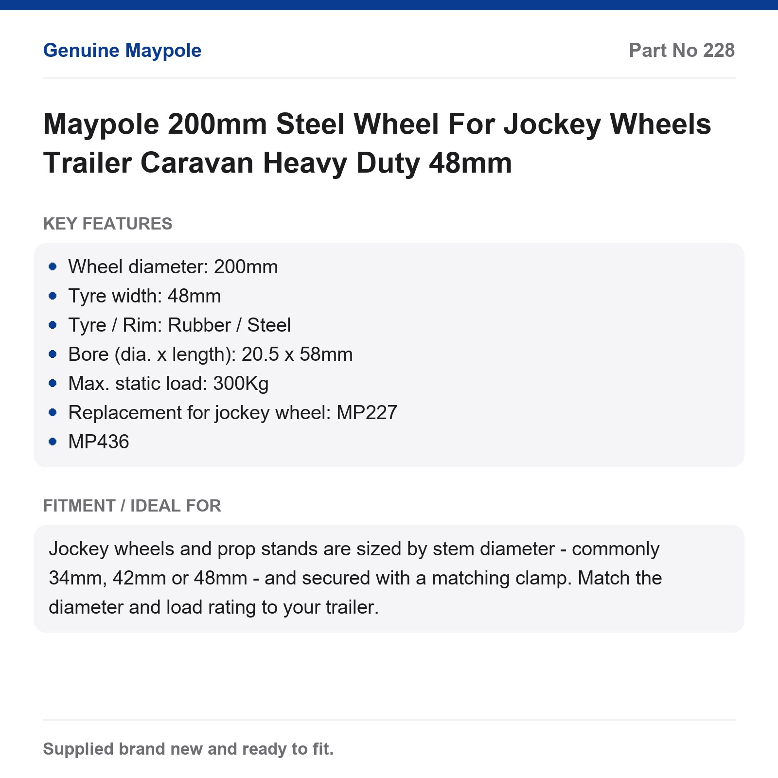 Maypole Jockey Wheel 200mm 48mm Steel Trailer Caravan Heavy Duty - Image 4