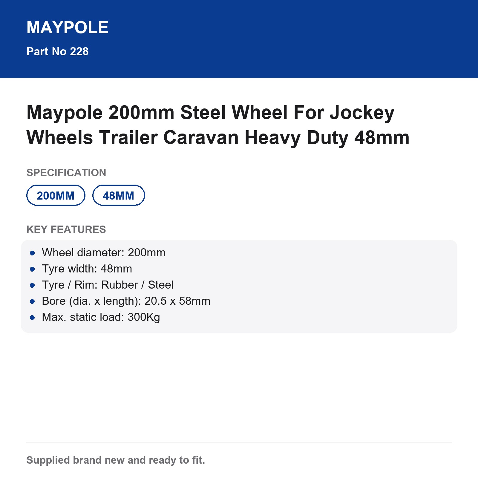 Maypole Jockey Wheel 200mm 48mm Steel Trailer Caravan Heavy Duty - Image 5