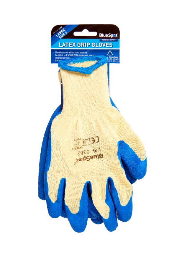 BlueSpot Latex Grip Gloves Large Size 9 EN388:2016 Durable Protection