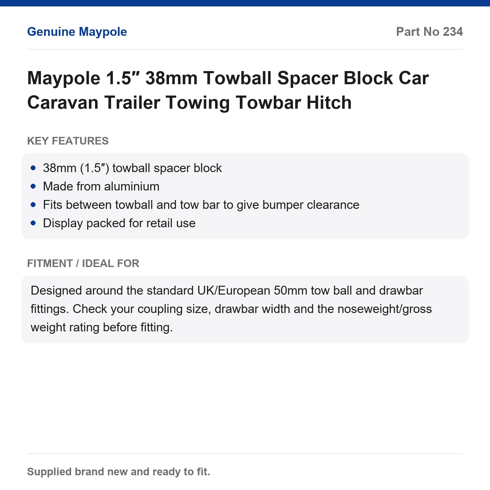 Maypole 1.5″ 38mm Towball Spacer Block Car Caravan Trailer Towing Towbar Hitch - Image 4