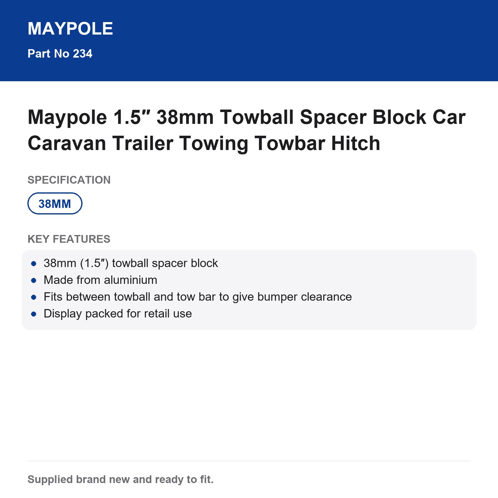 Maypole 1.5″ 38mm Towball Spacer Block Car Caravan Trailer Towing Towbar Hitch - Image 5