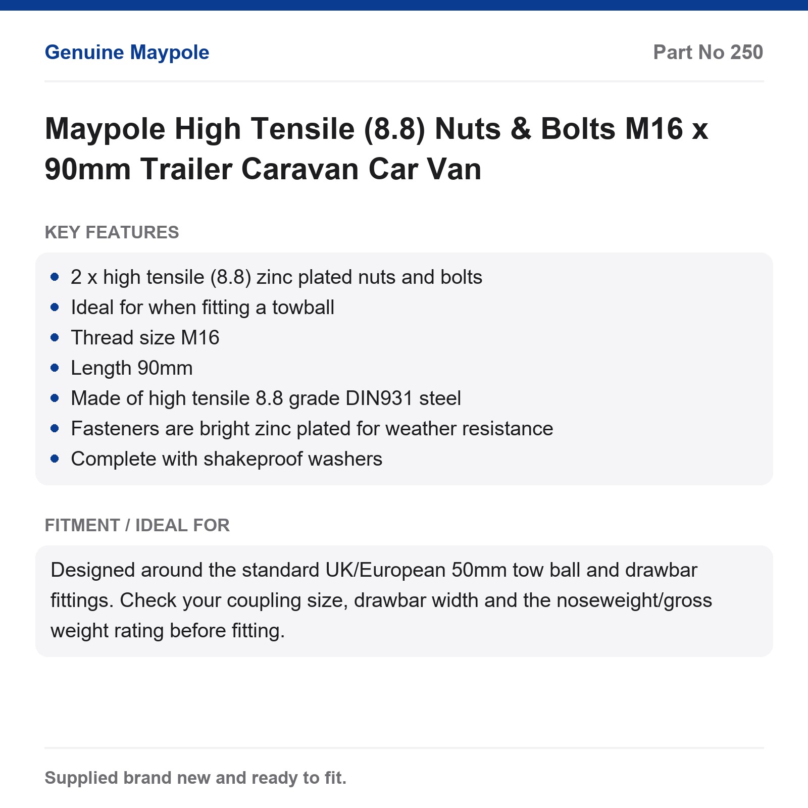 High Tensile 8.8 Nuts & Bolts M16x90mm Trailer Caravan Car Van Maypole - Image 4