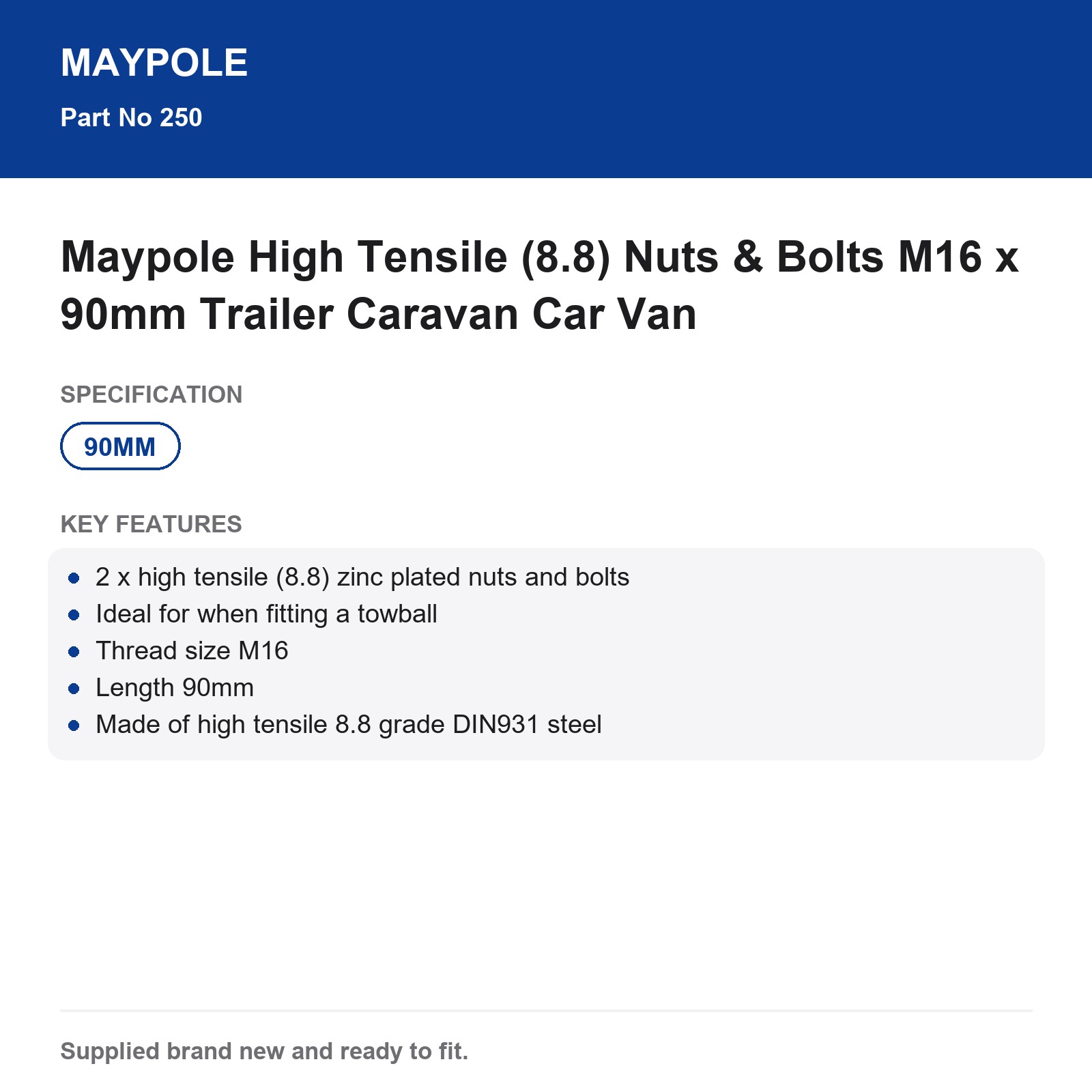 High Tensile 8.8 Nuts & Bolts M16x90mm Trailer Caravan Car Van Maypole - Image 5