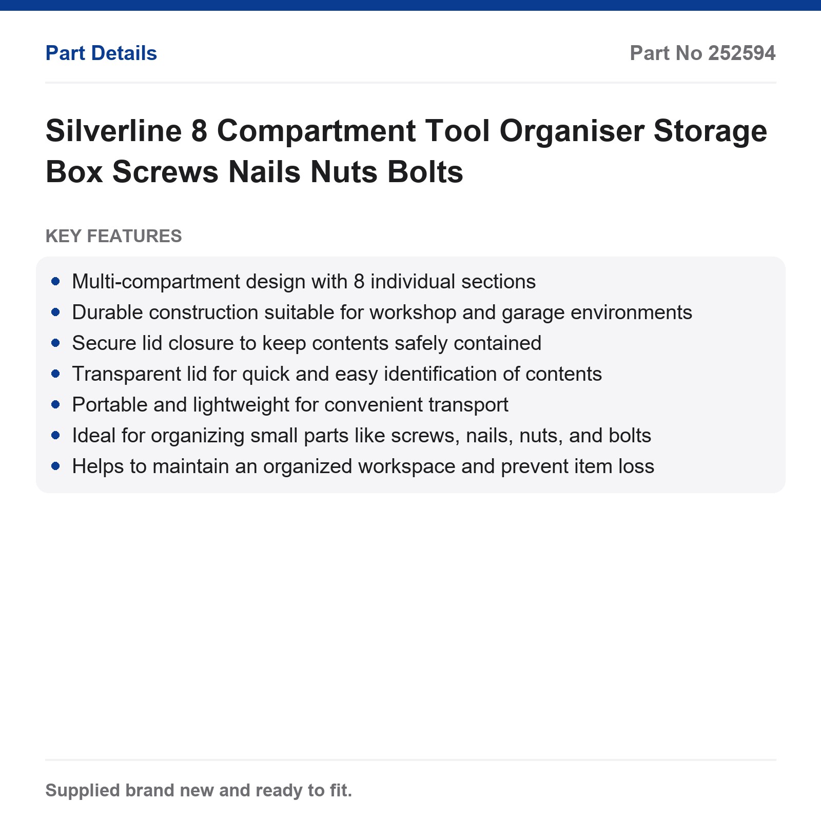 Silverline 8 Compartment Tool Organiser Storage Box Screws Nails Nuts Bolts - Image 2