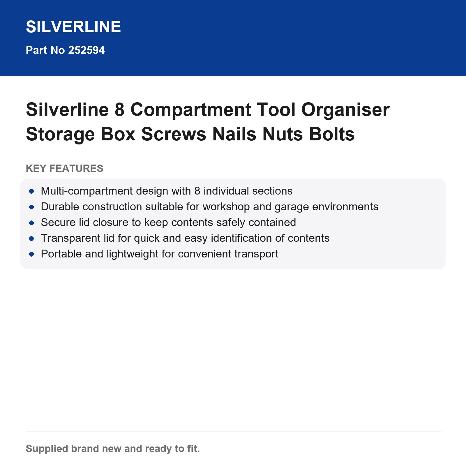 Silverline 8 Compartment Tool Organiser Storage Box Screws Nails Nuts Bolts - Image 3
