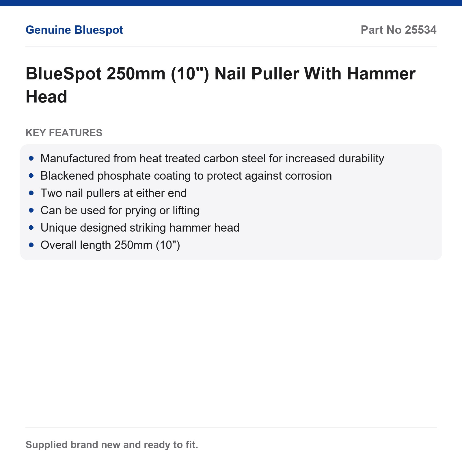BlueSpot Nail Puller Prying Hammer Heat Treated Carbon Steel 250mm (10") - Image 3
