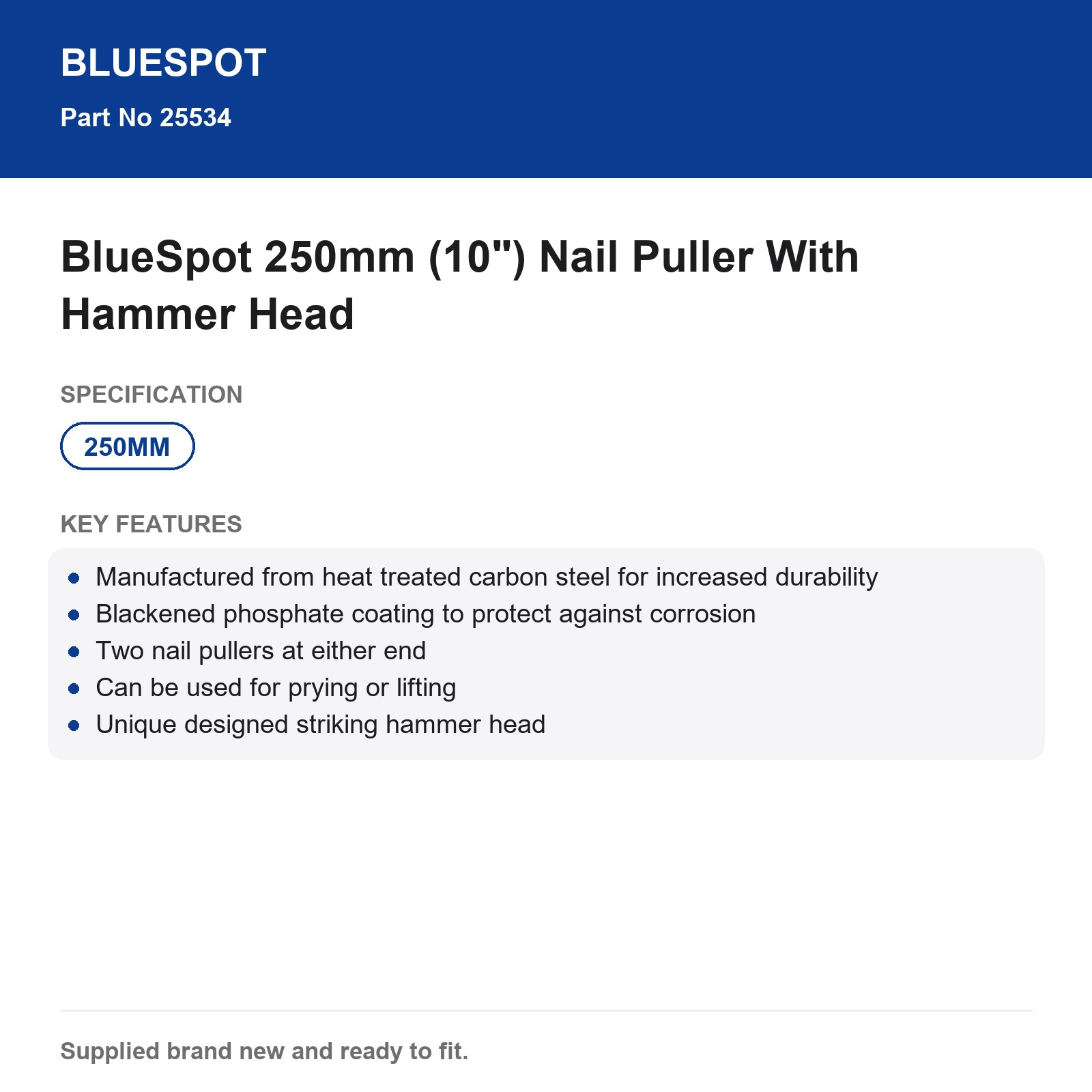 BlueSpot Nail Puller Prying Hammer Heat Treated Carbon Steel 250mm (10") - Image 4