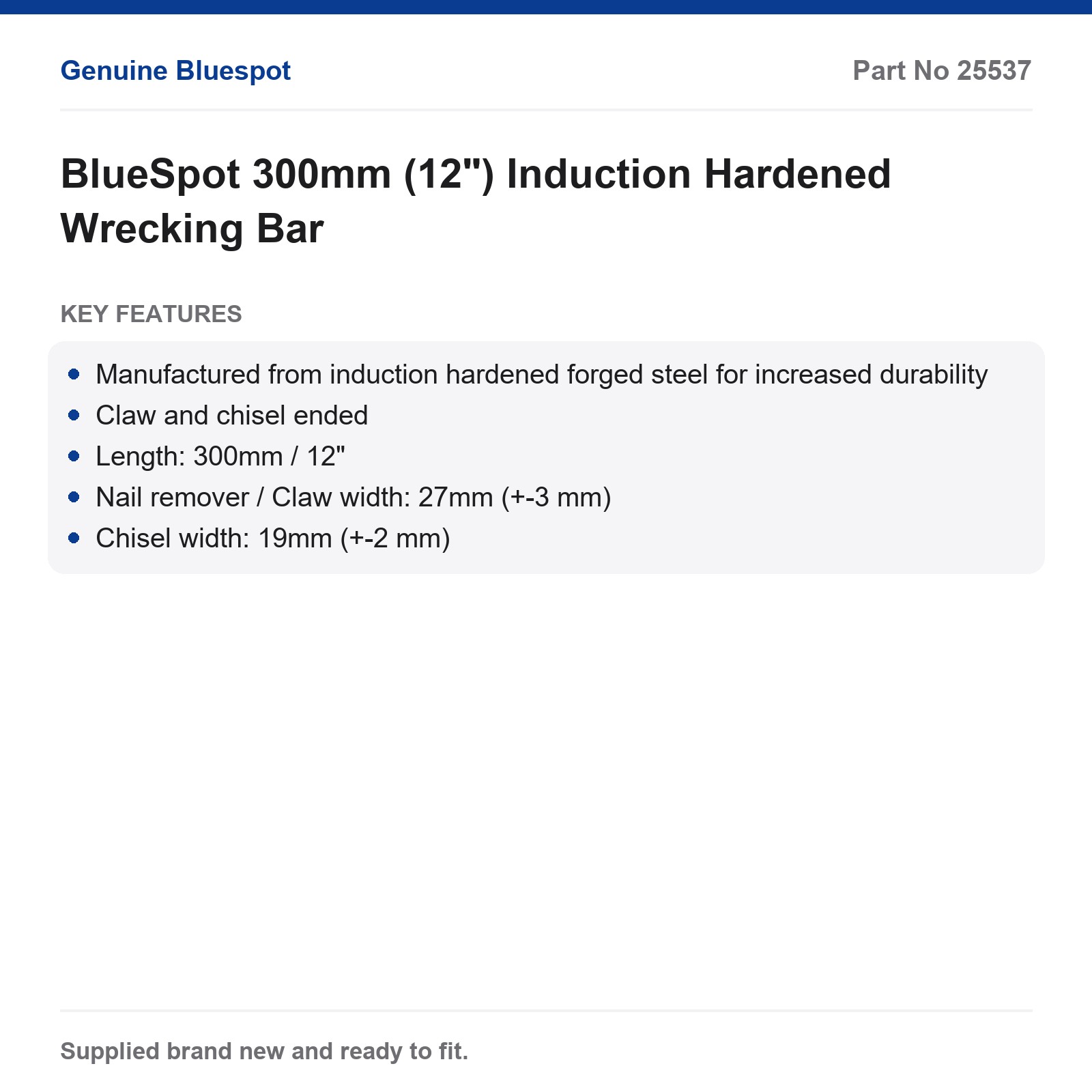 BlueSpot Pry Bar Wrecking Bar 300mm (12") Induction Hardened - Image 2