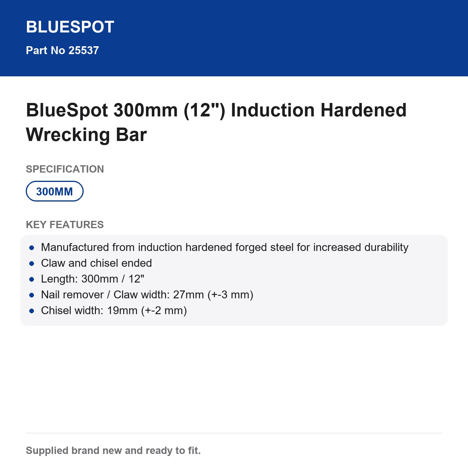 BlueSpot Pry Bar Wrecking Bar 300mm (12") Induction Hardened - Image 3