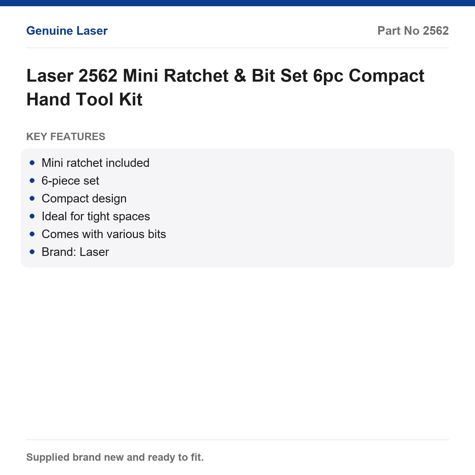 Laser 2562 Mini Ratchet & Bit Set 6pc Compact Hand Tool Kit - Image 4