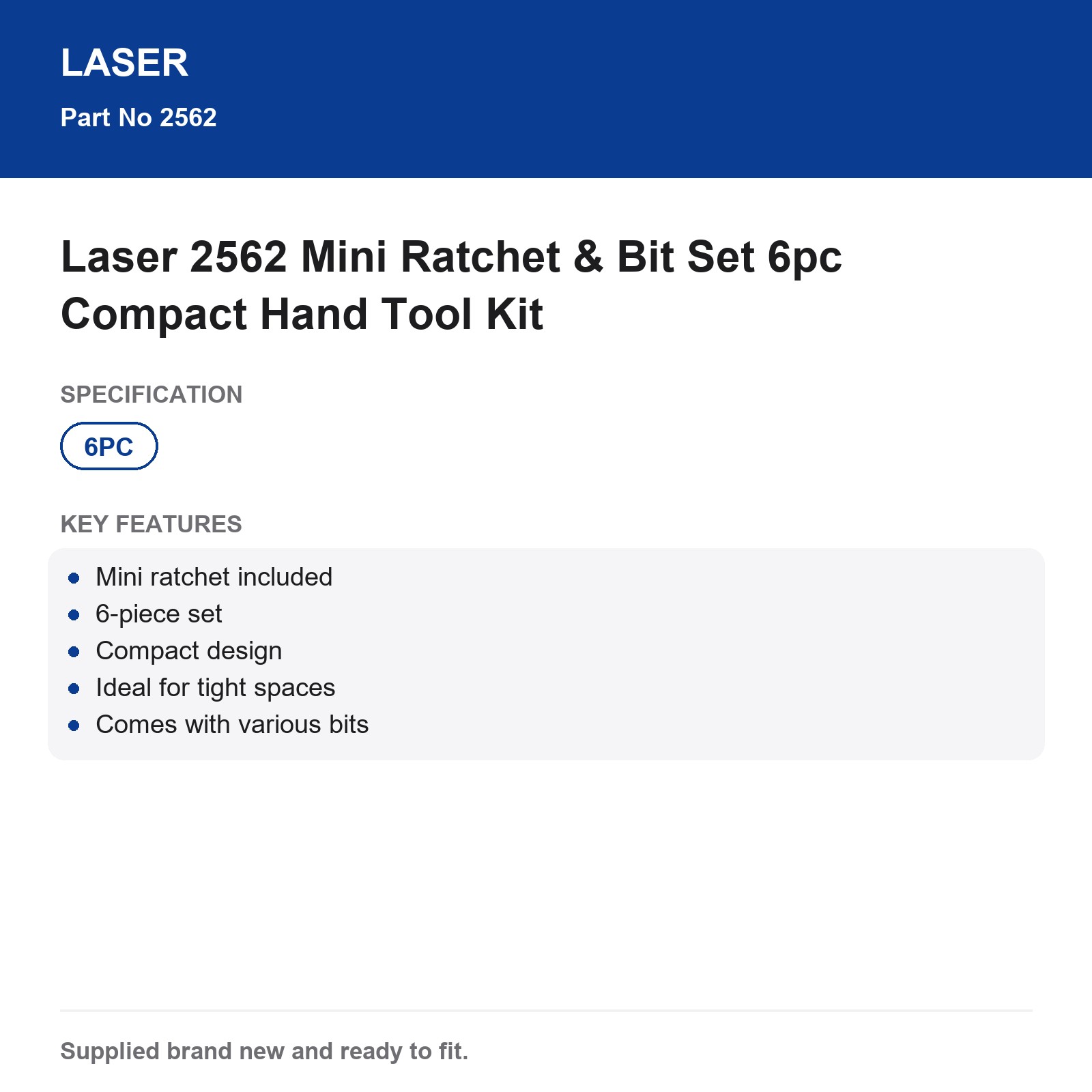 Laser 2562 Mini Ratchet & Bit Set 6pc Compact Hand Tool Kit - Image 5