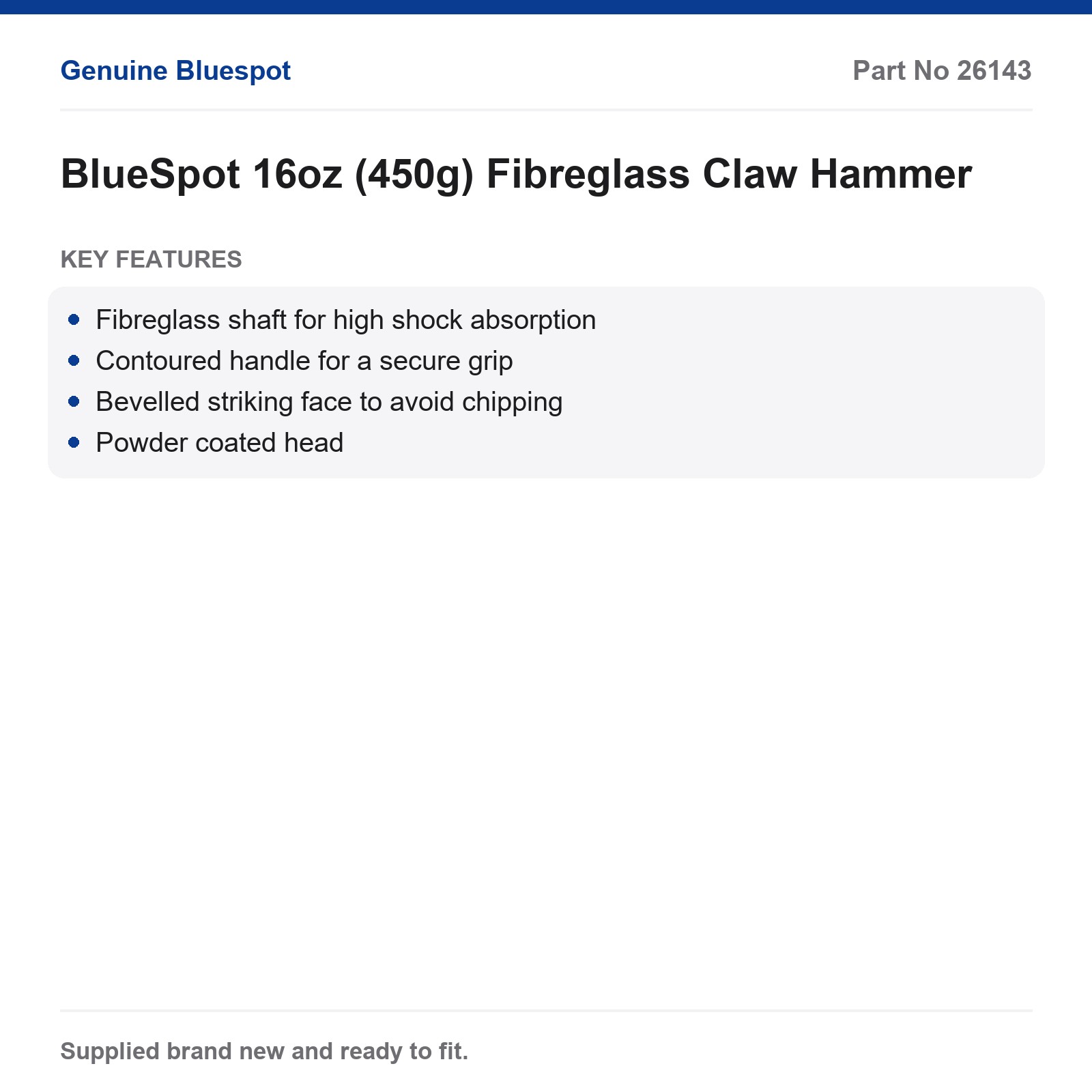 Fibreglass Claw Hammer BlueSpot 16oz (450g) Shock Absorbing Contoured Handle - Image 3