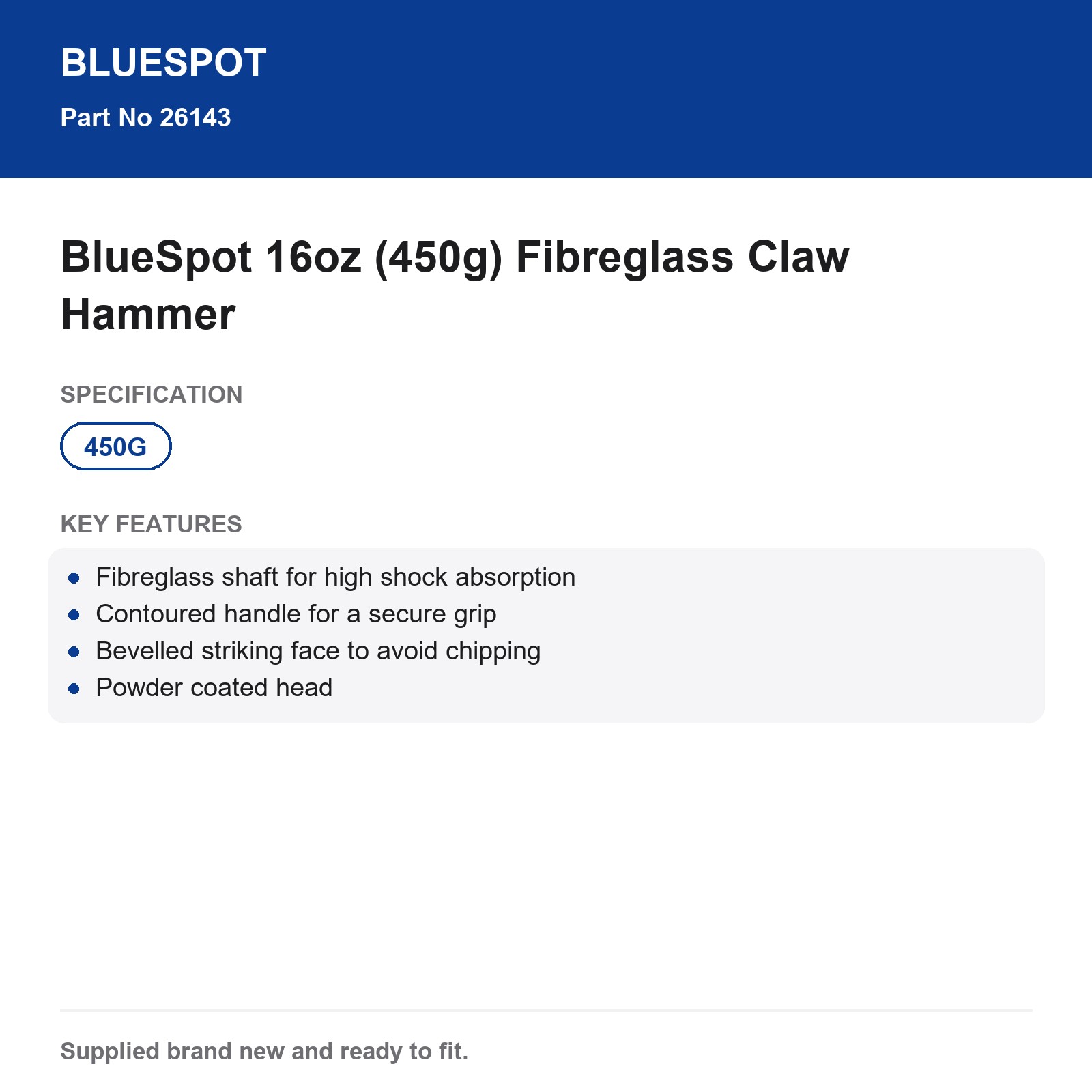 Fibreglass Claw Hammer BlueSpot 16oz (450g) Shock Absorbing Contoured Handle - Image 4