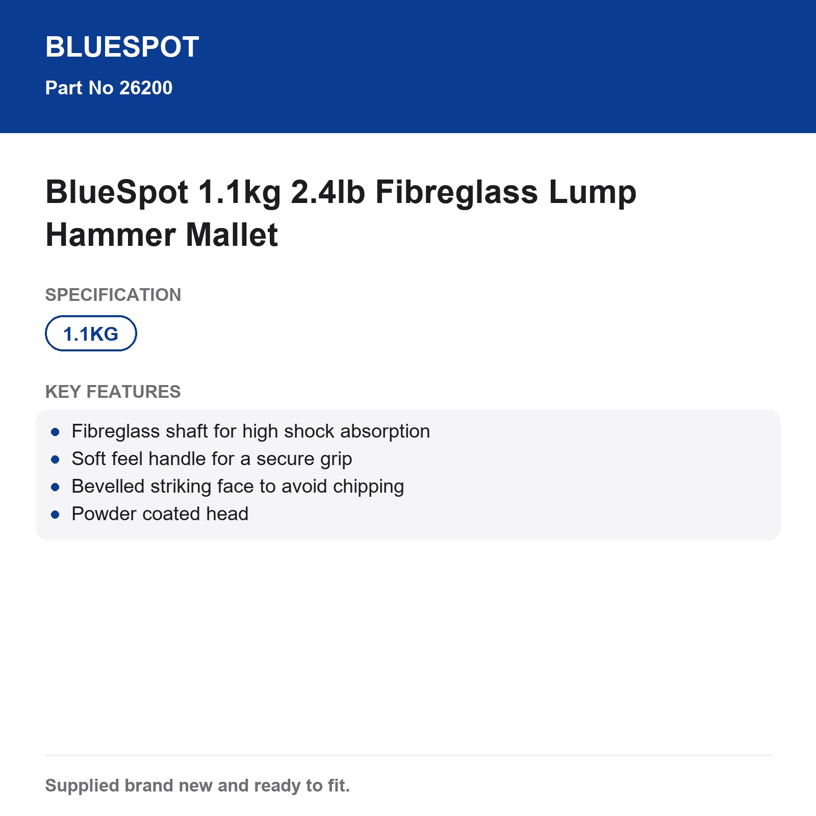 BlueSpot 1.1kg 2.4lb Fibreglass Lump Hammer Mallet - Image 5