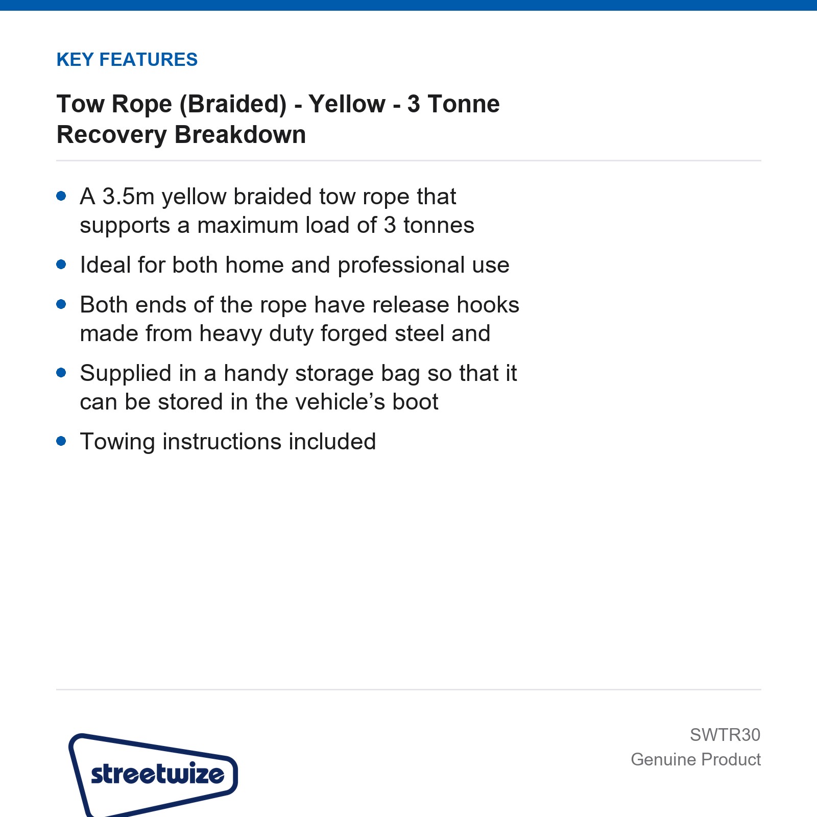 Streetwize Tow Rope (Braided) Yellow 3 Tonne Recovery Breakdown Car Caravan - Image 4