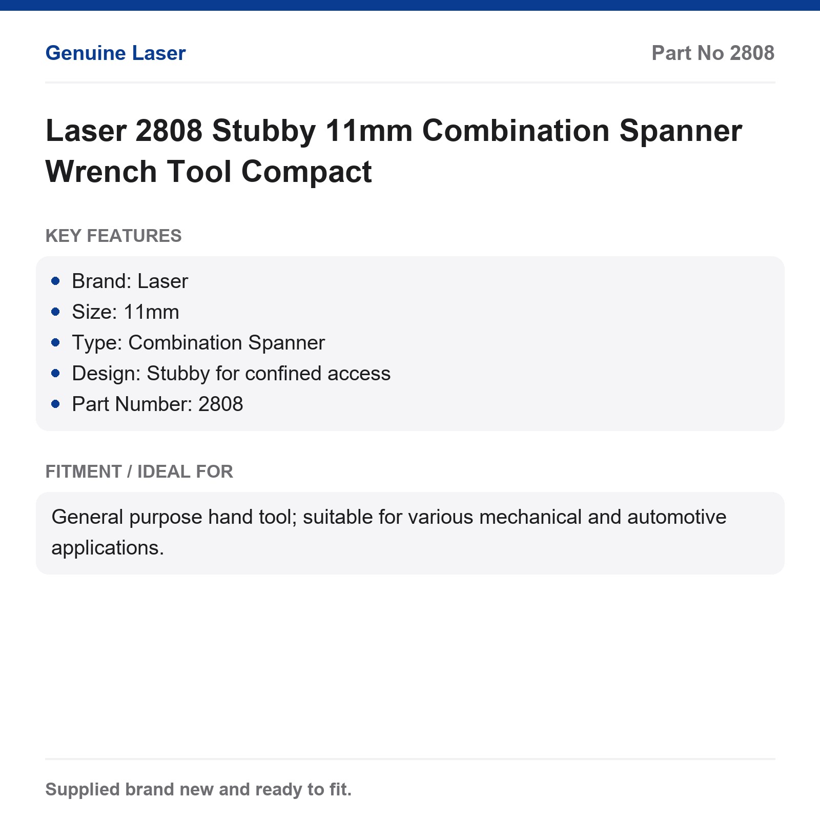Laser 2808 Stubby 11mm Combination Spanner Wrench - Image 3