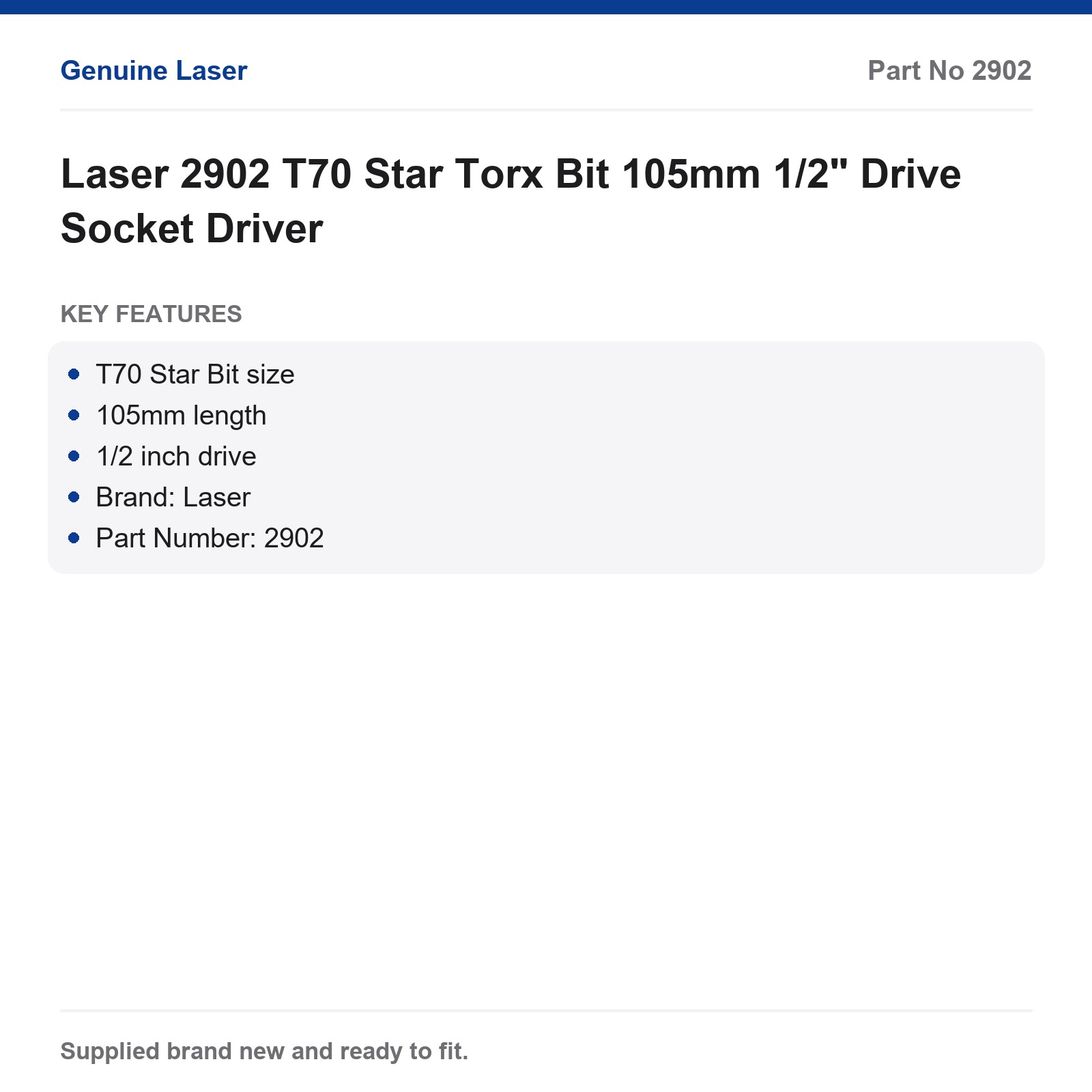 Laser 2902 T70 Star Torx Bit Socket 105mm 1/2" Drive - Image 3