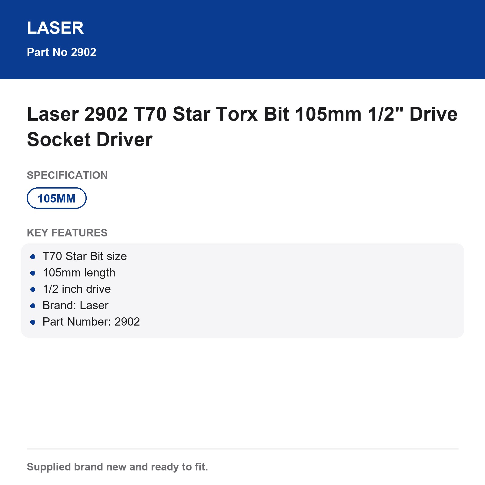Laser 2902 T70 Star Torx Bit Socket 105mm 1/2" Drive - Image 4