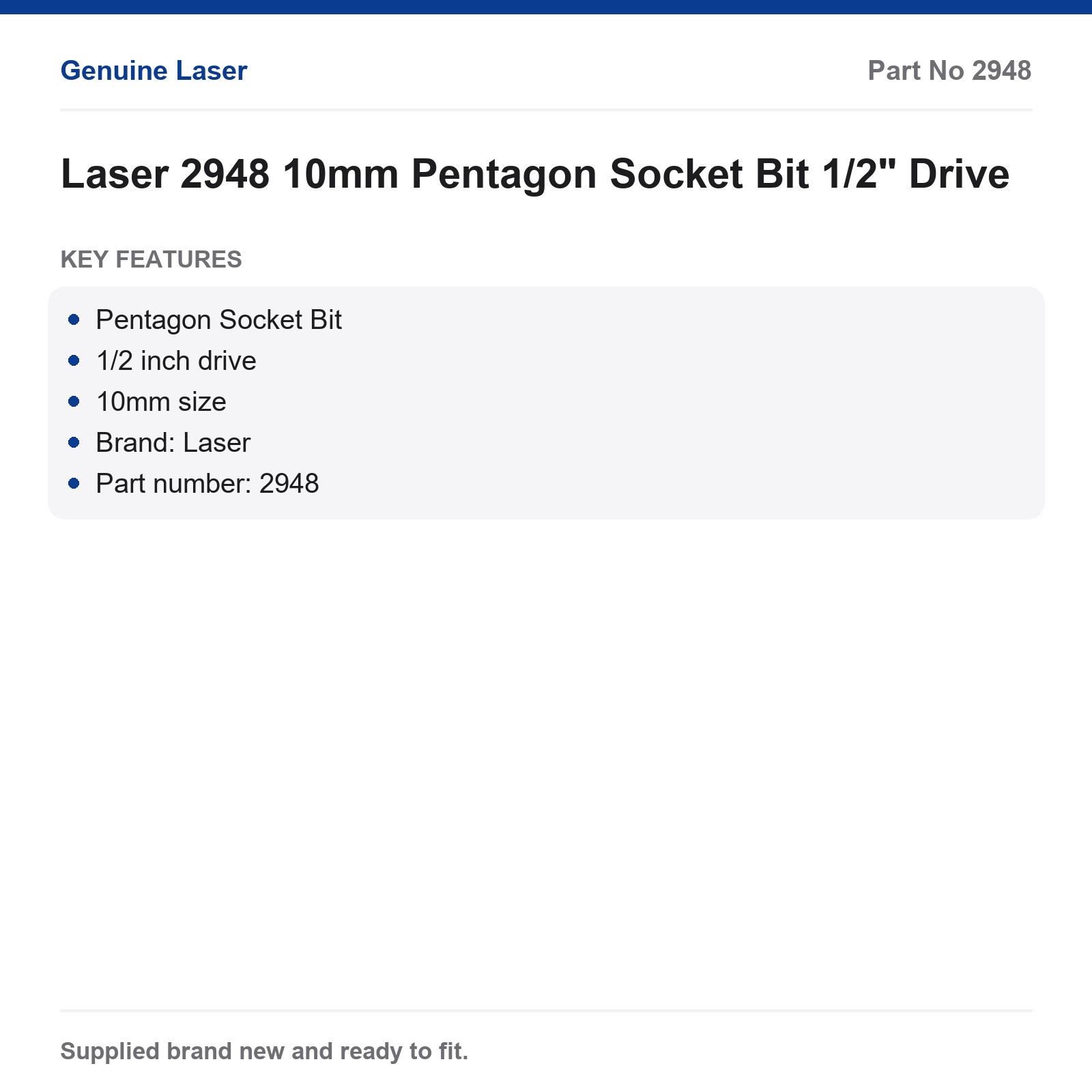 Pentagon Socket Bit 10mm 1/2" Drive Laser 2948 - Image 2