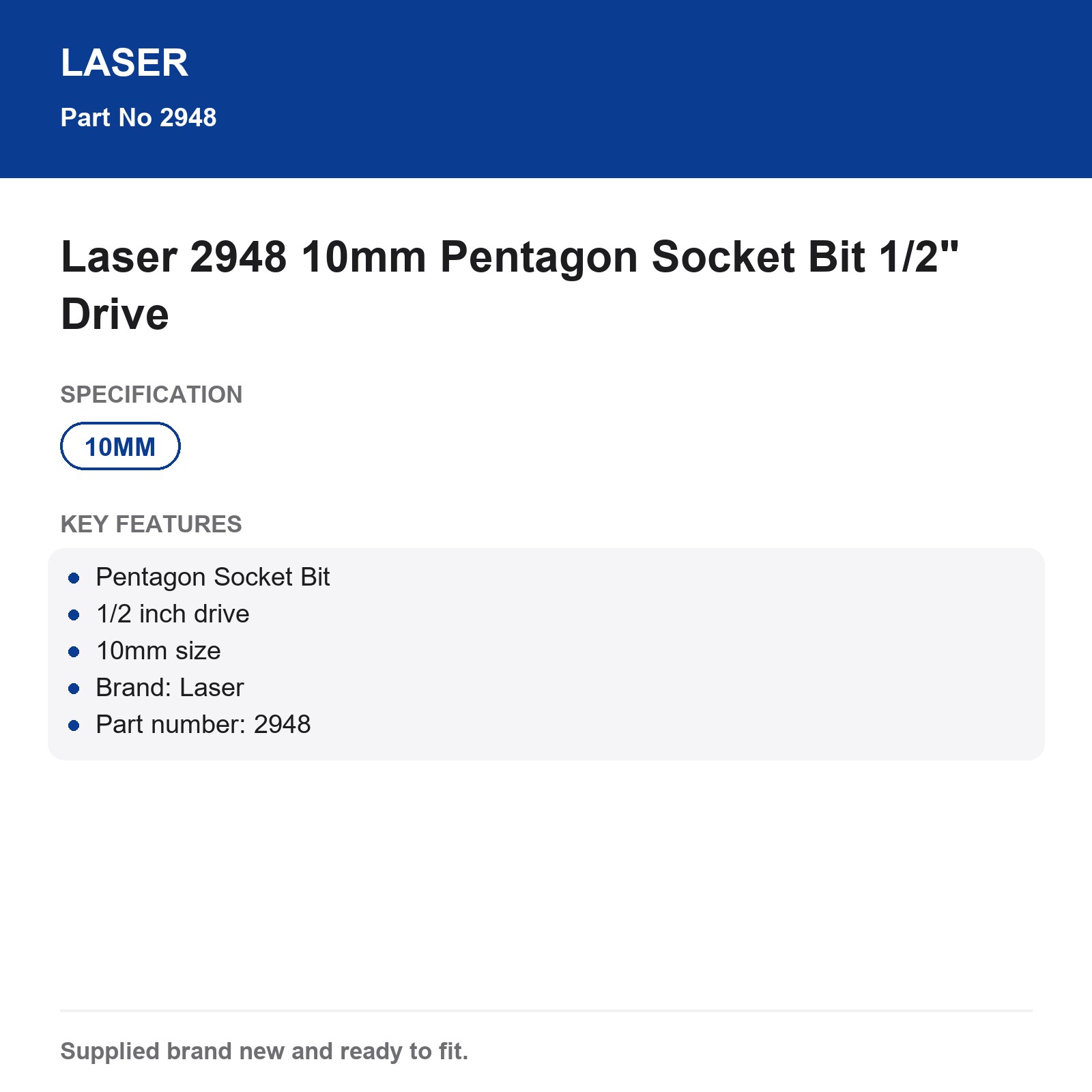 Pentagon Socket Bit 10mm 1/2" Drive Laser 2948 - Image 3