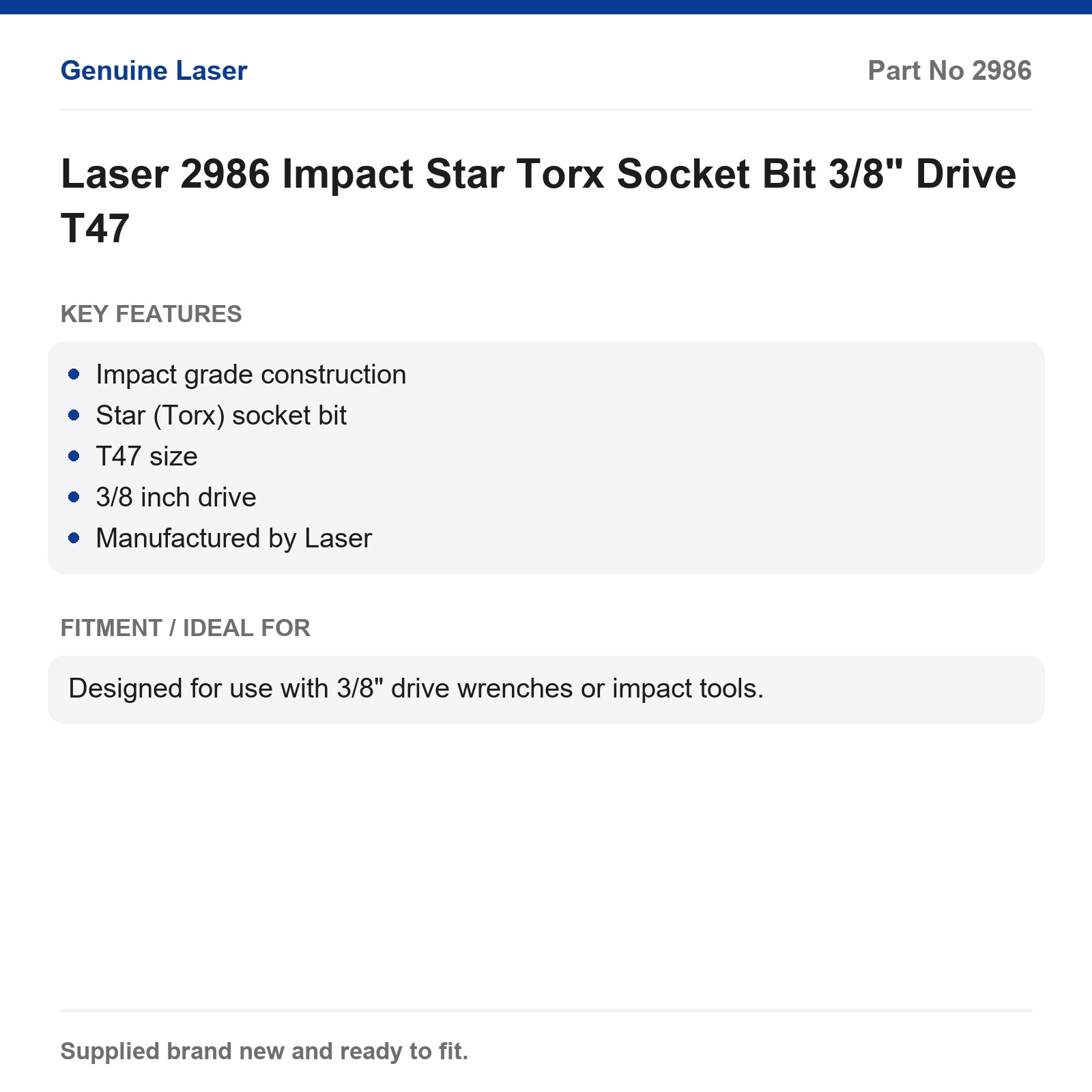 T47 Torx Impact Socket Bit 3/8" Drive Laser 2986 - Image 2