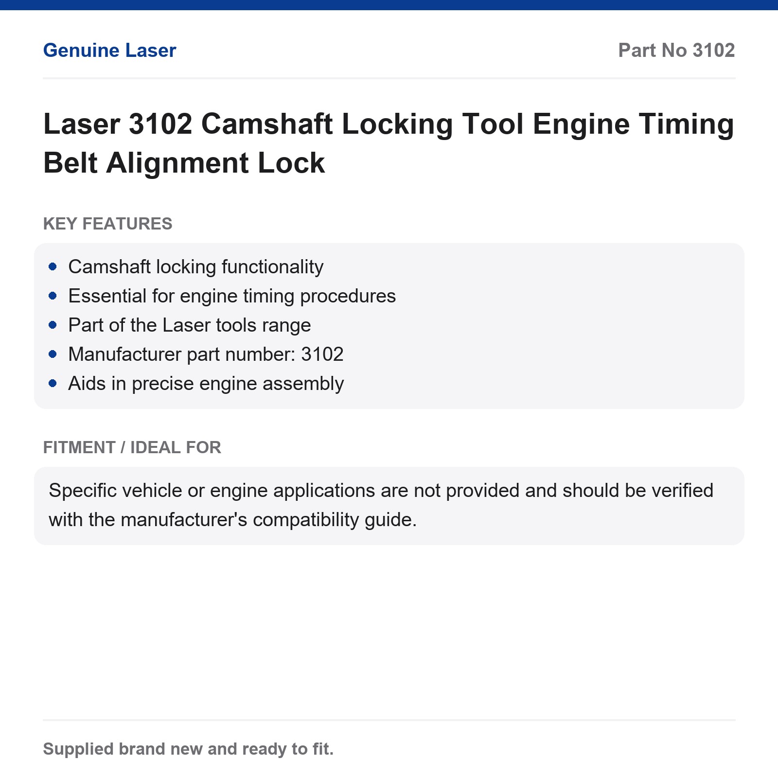 Laser 3102 Camshaft Locking Tool Engine Timing Belt Alignment Lock - Image 3