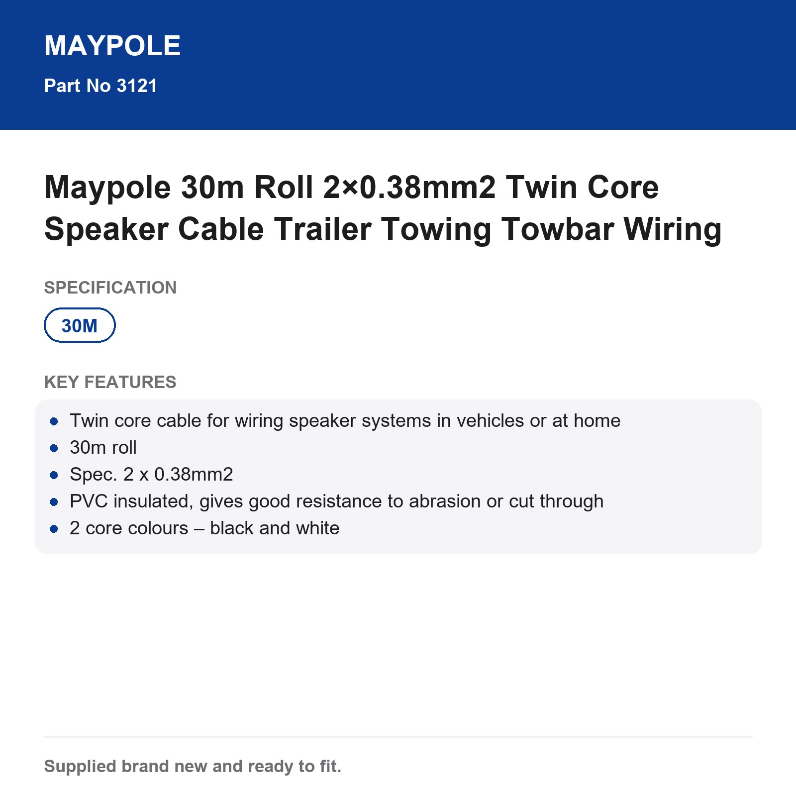 Maypole 2x0.38mm2 Twin Core Speaker Cable 30m Car Trailer Wiring - Image 5