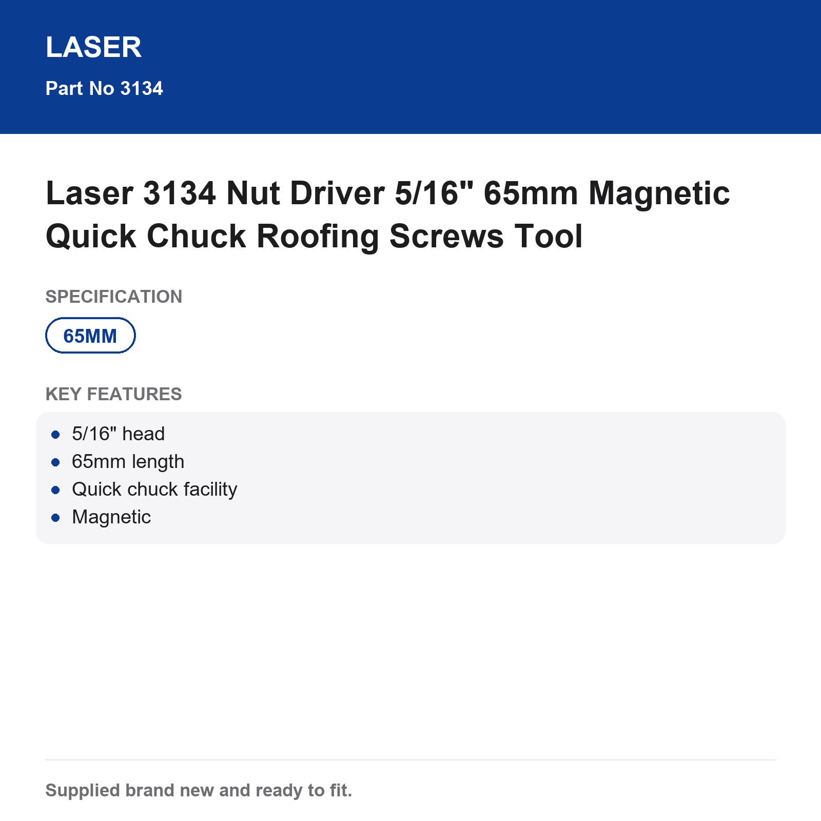 Laser 3134 Nut Driver 5/16" 65mm Magnetic Quick Chuck Roofing Screws Tool - Image 4