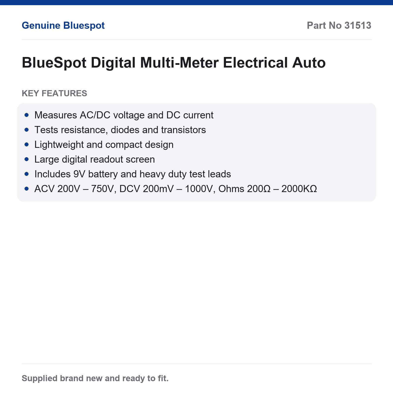 Bluespot Digital Multi-Meter AC/DC Voltage Current Resistance Diodes Transistors - Image 4