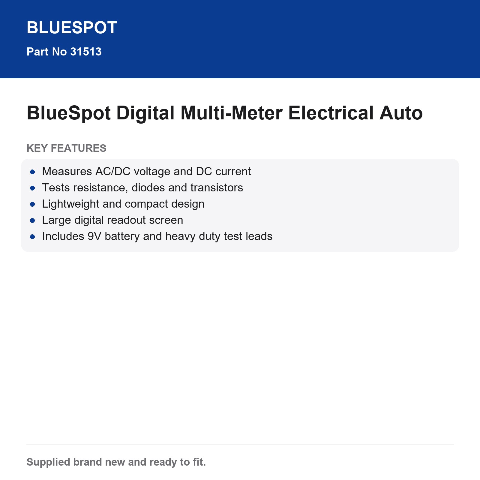 Bluespot Digital Multi-Meter AC/DC Voltage Current Resistance Diodes Transistors - Image 5