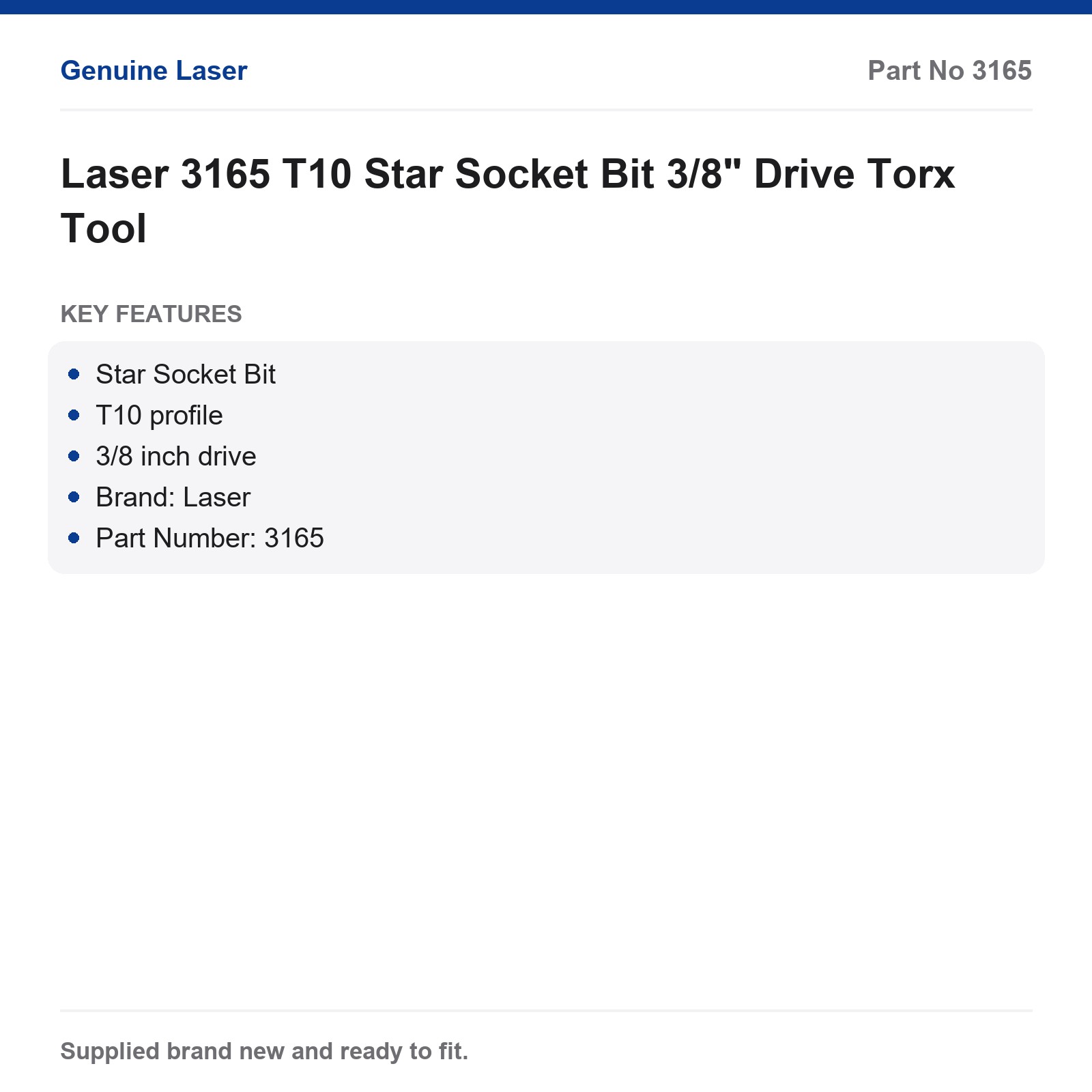 Laser T10 Torx Star Socket Bit 3/8" Drive 3165 - Image 3