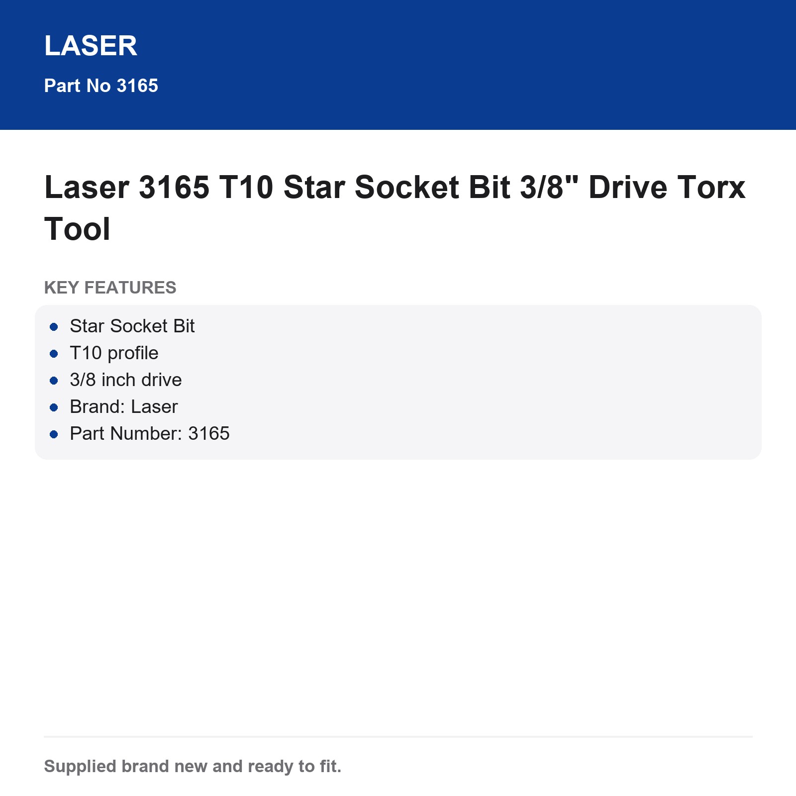 Laser T10 Torx Star Socket Bit 3/8" Drive 3165 - Image 4