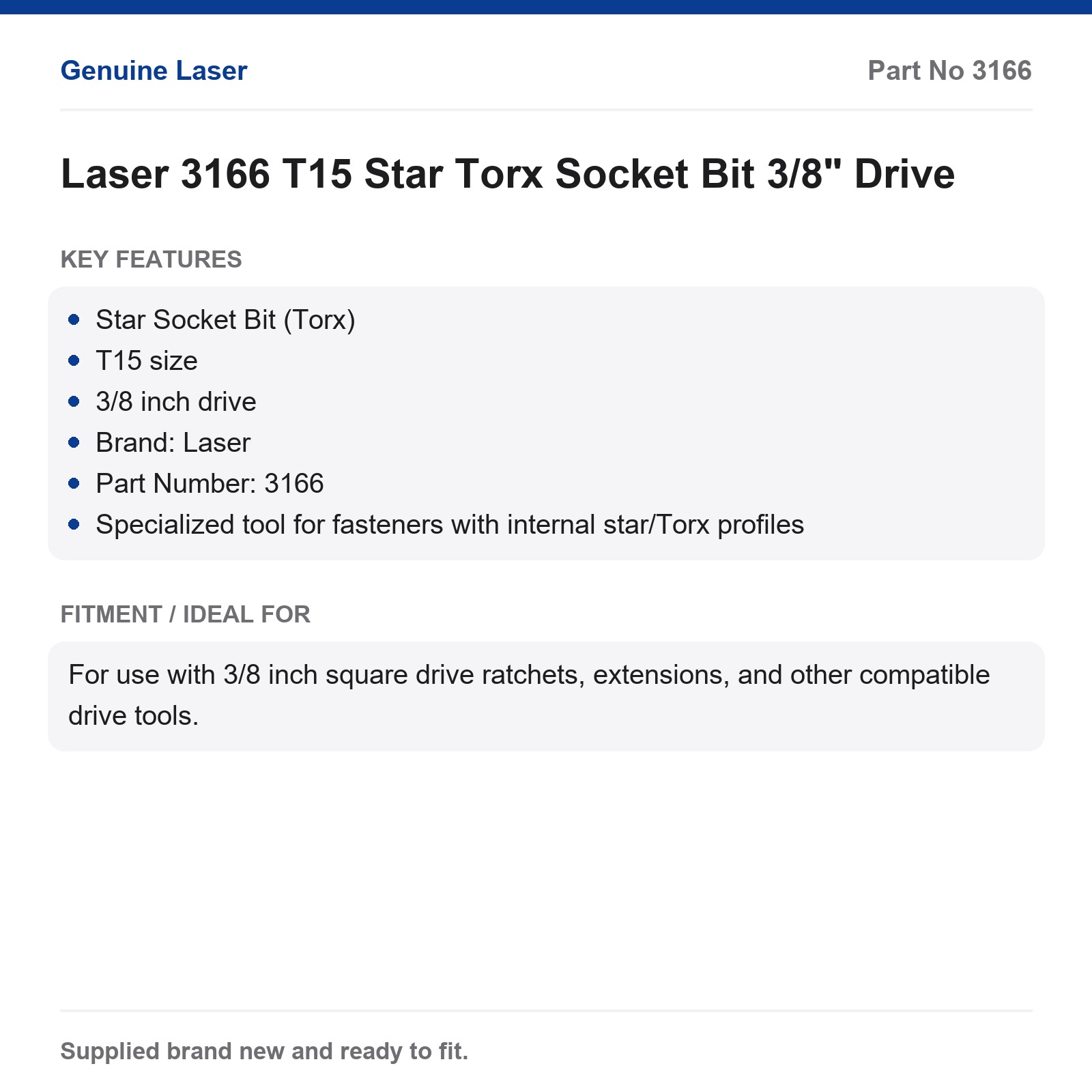 Laser 3166 T15 Torx Star Internal Socket Bit 3/8" Drive - Image 3