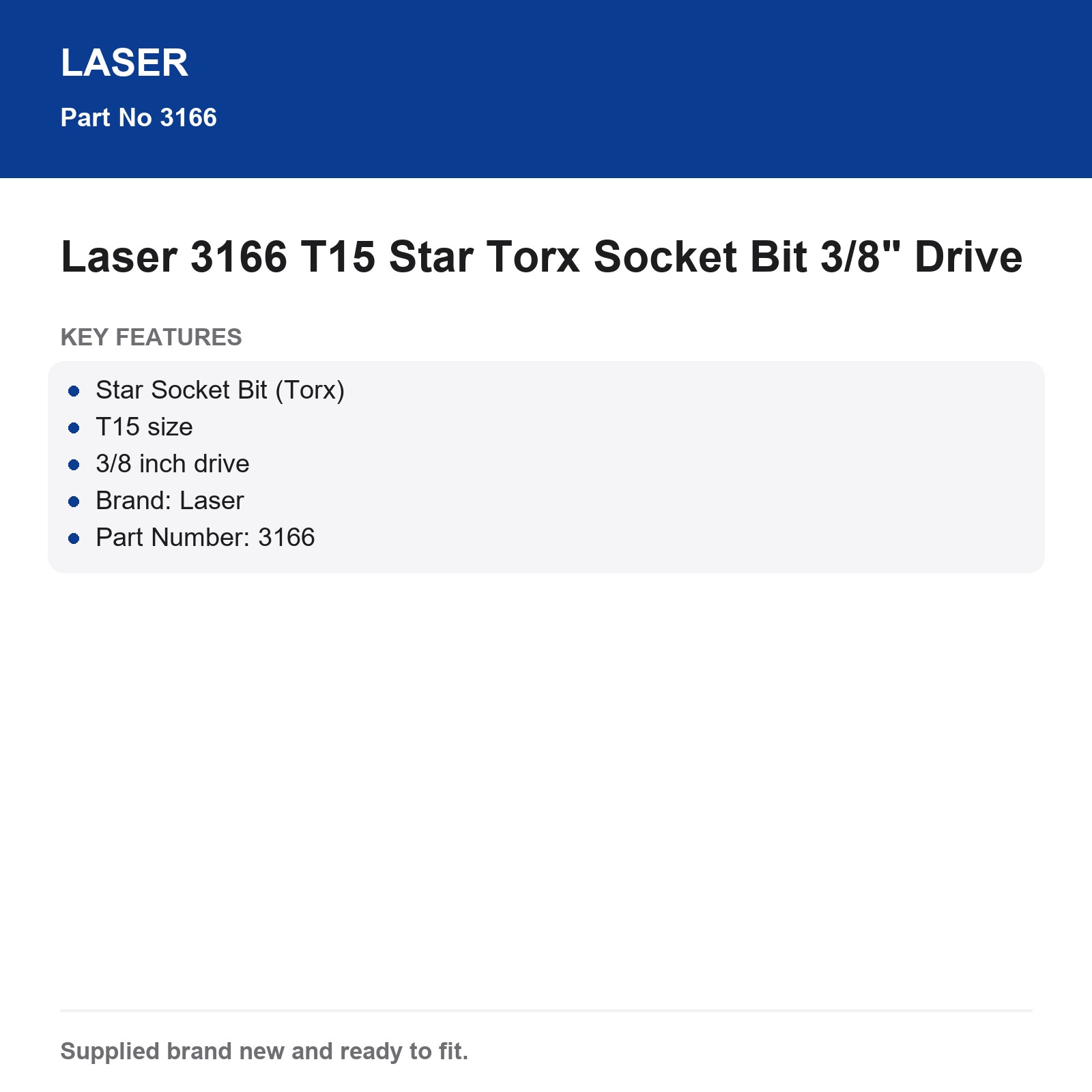 Laser 3166 T15 Torx Star Internal Socket Bit 3/8" Drive - Image 4