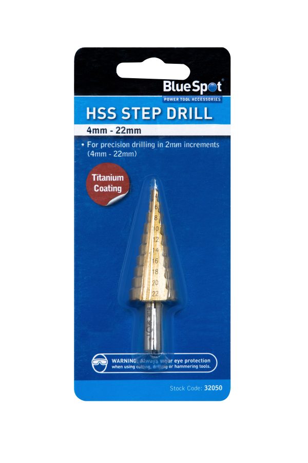 Bluespot HSS TiN Step Drill Bit 4-22mm 2mm Multi-Material Precision