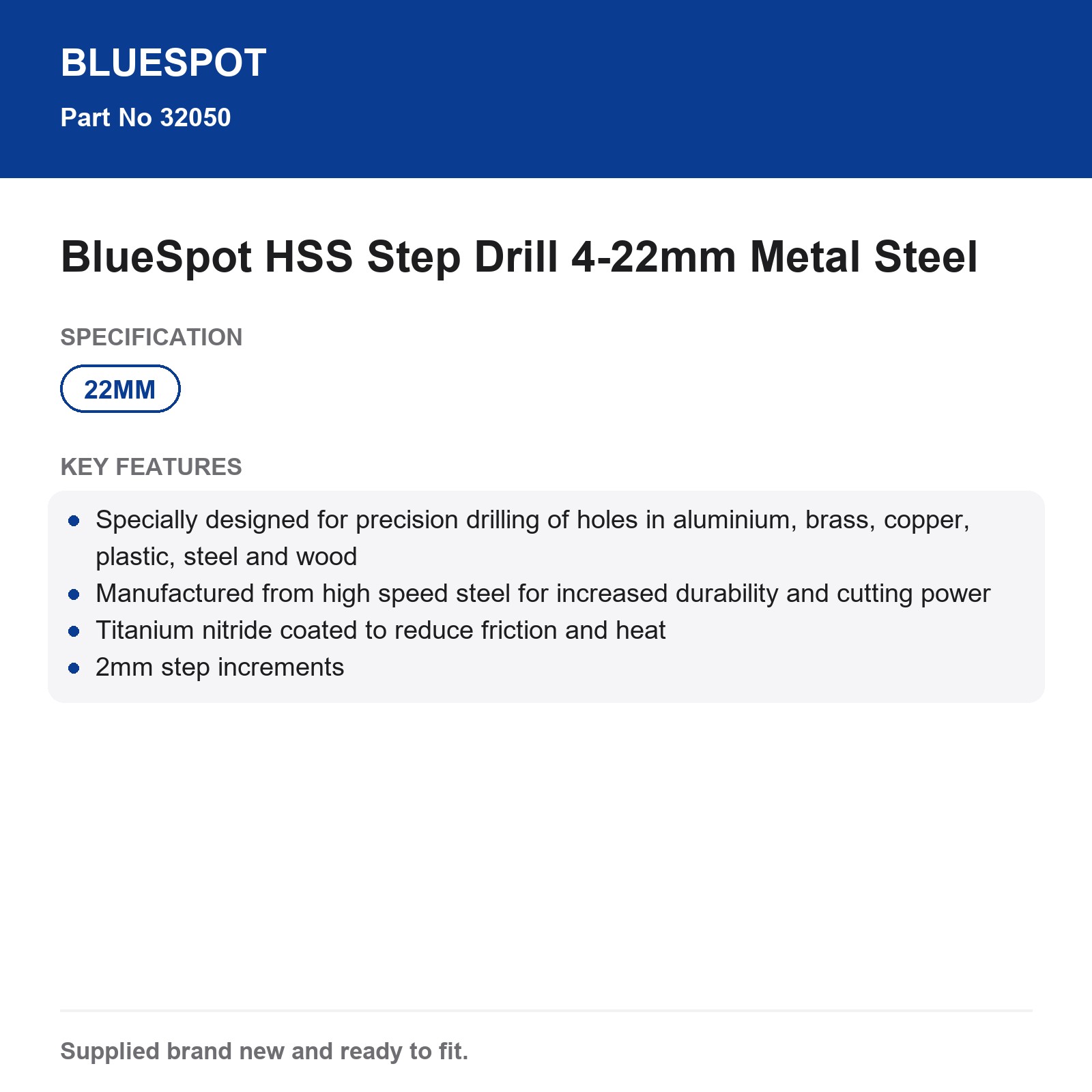Bluespot HSS TiN Step Drill Bit 4-22mm 2mm Multi-Material Precision - Image 5