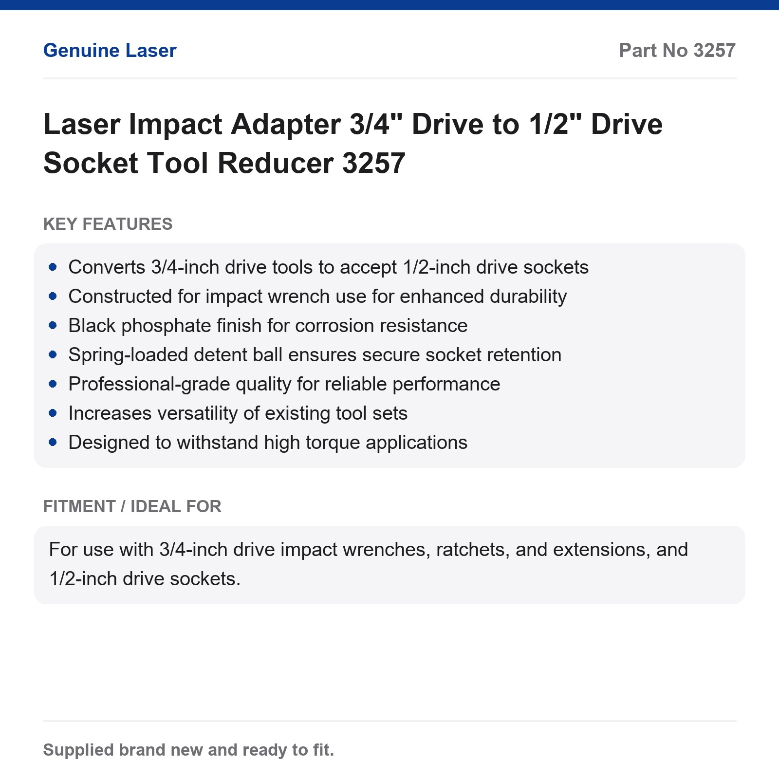 Laser Impact Adapter 3/4" to 1/2" Drive Socket Reducer 3257 - Image 2