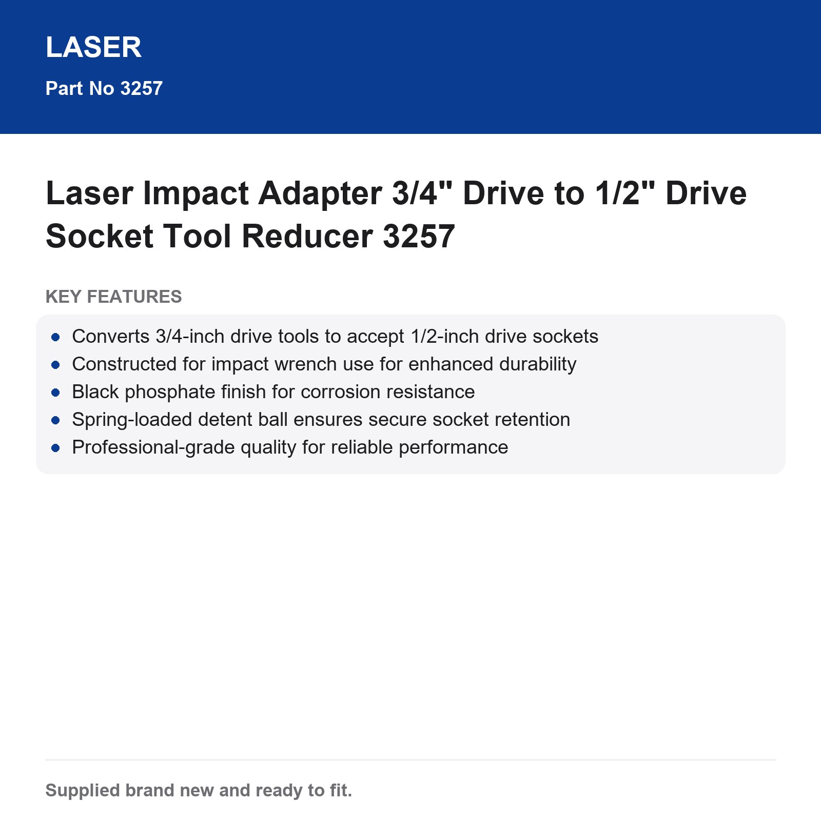 Laser Impact Adapter 3/4" to 1/2" Drive Socket Reducer 3257 - Image 3