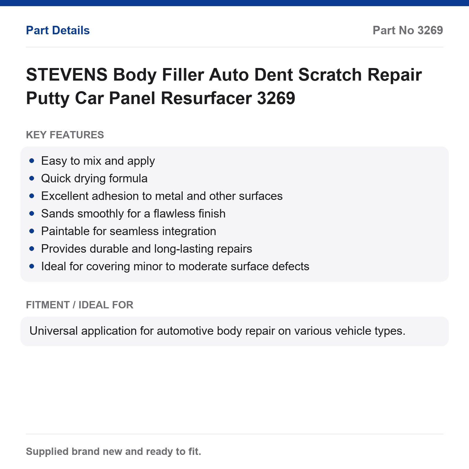 STEVENS Body Filler Auto Dent Scratch Repair Putty Car Panel Resurfacer 3269 - Image 2