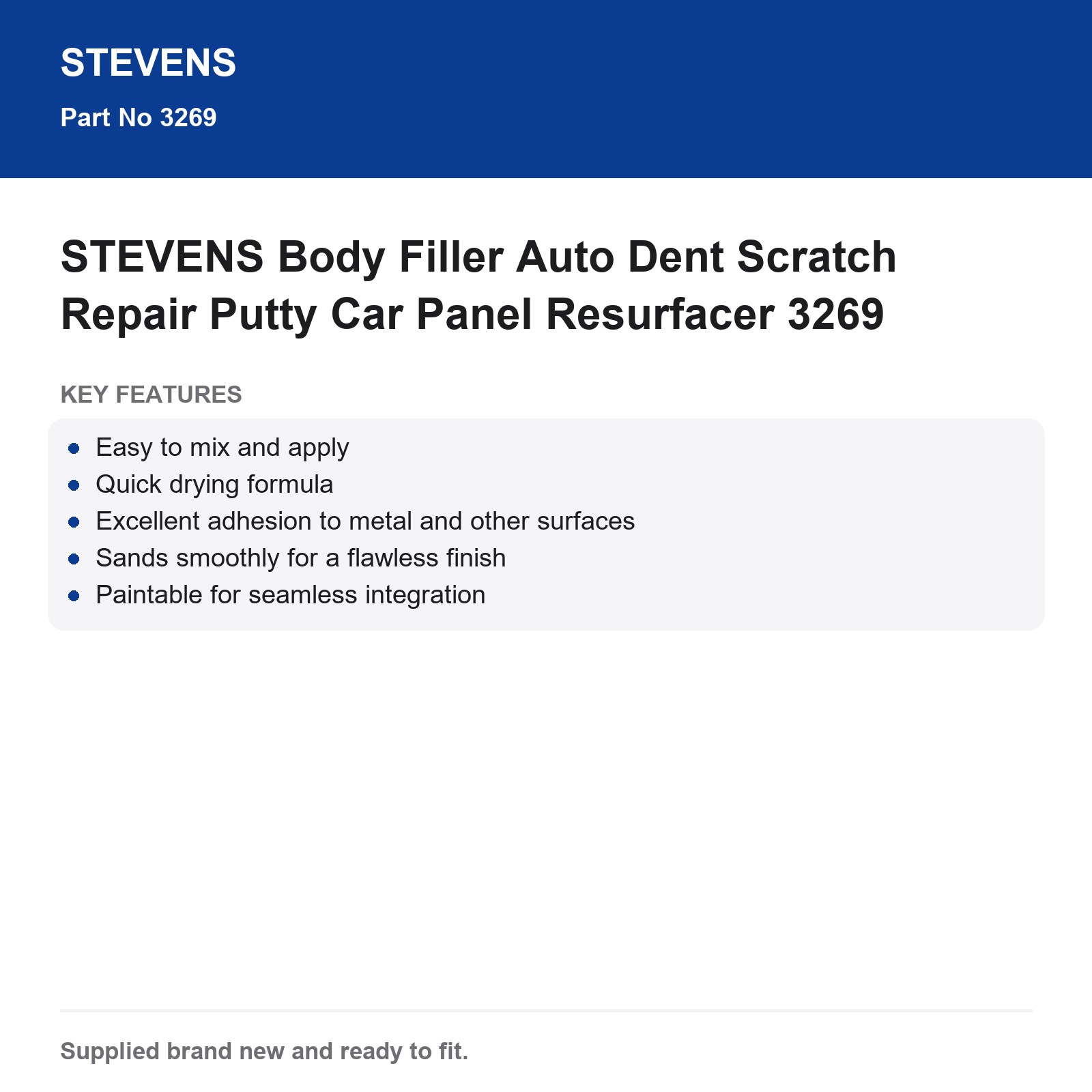 STEVENS Body Filler Auto Dent Scratch Repair Putty Car Panel Resurfacer 3269 - Image 3