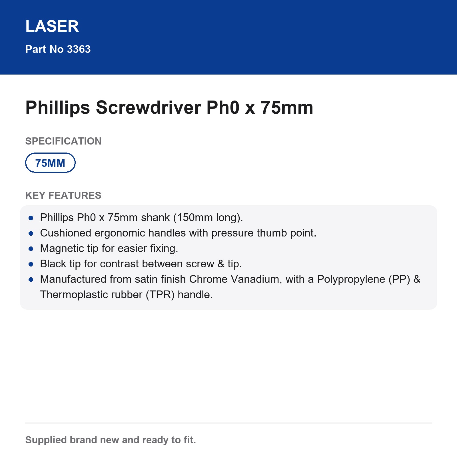 Phillips Magnetic Ergonomic Screwdriver Ph0x75mm 150mm Laser Connect 3363 - Image 4