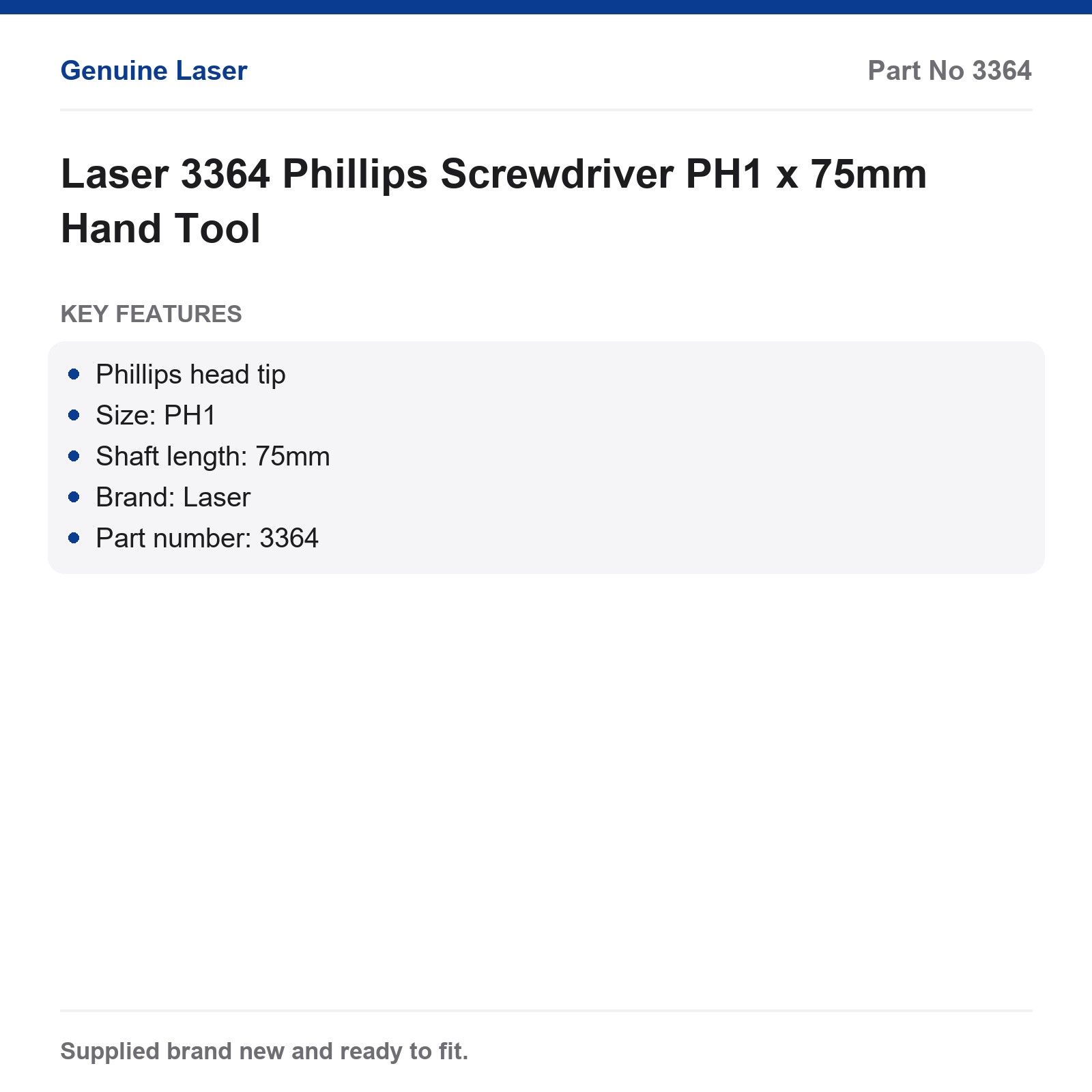 Phillips Screwdriver PH1 x 75mm Laser 3364 Hand Tool - Image 2