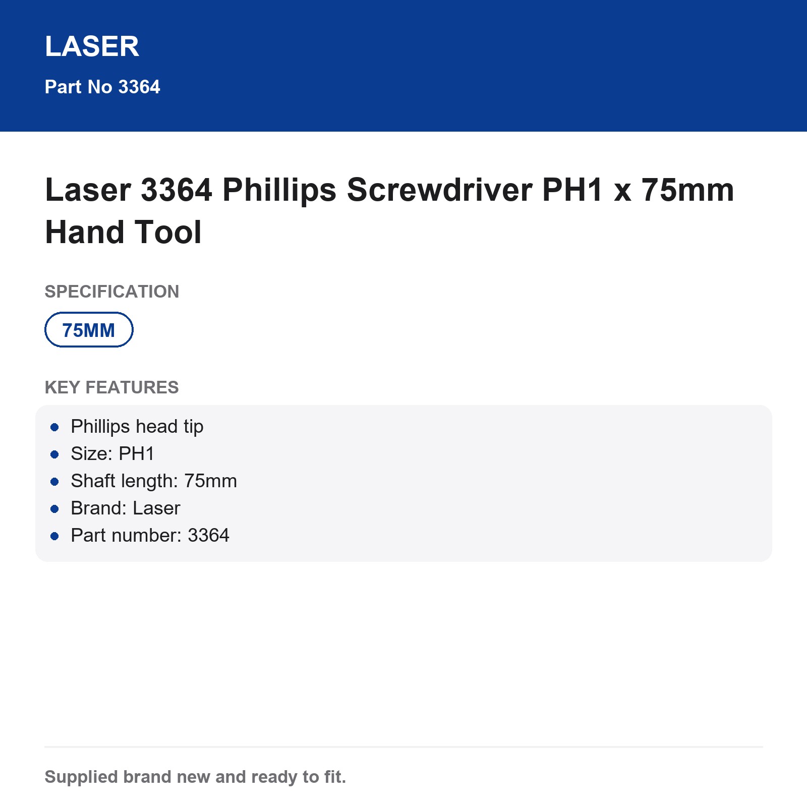 Phillips Screwdriver PH1 x 75mm Laser 3364 Hand Tool - Image 3