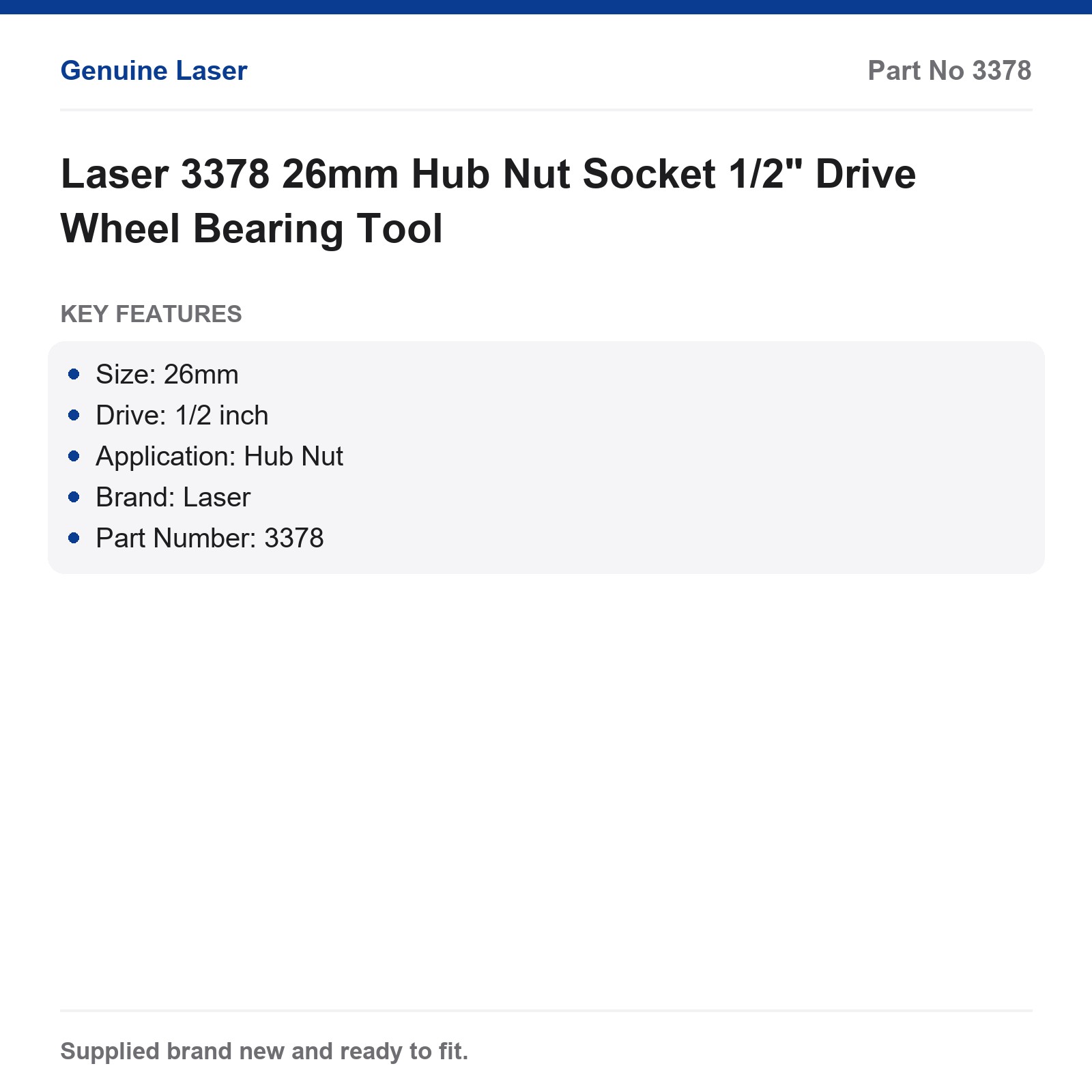 26mm Hub Nut Socket 1/2" Drive Laser 3378 - Image 2
