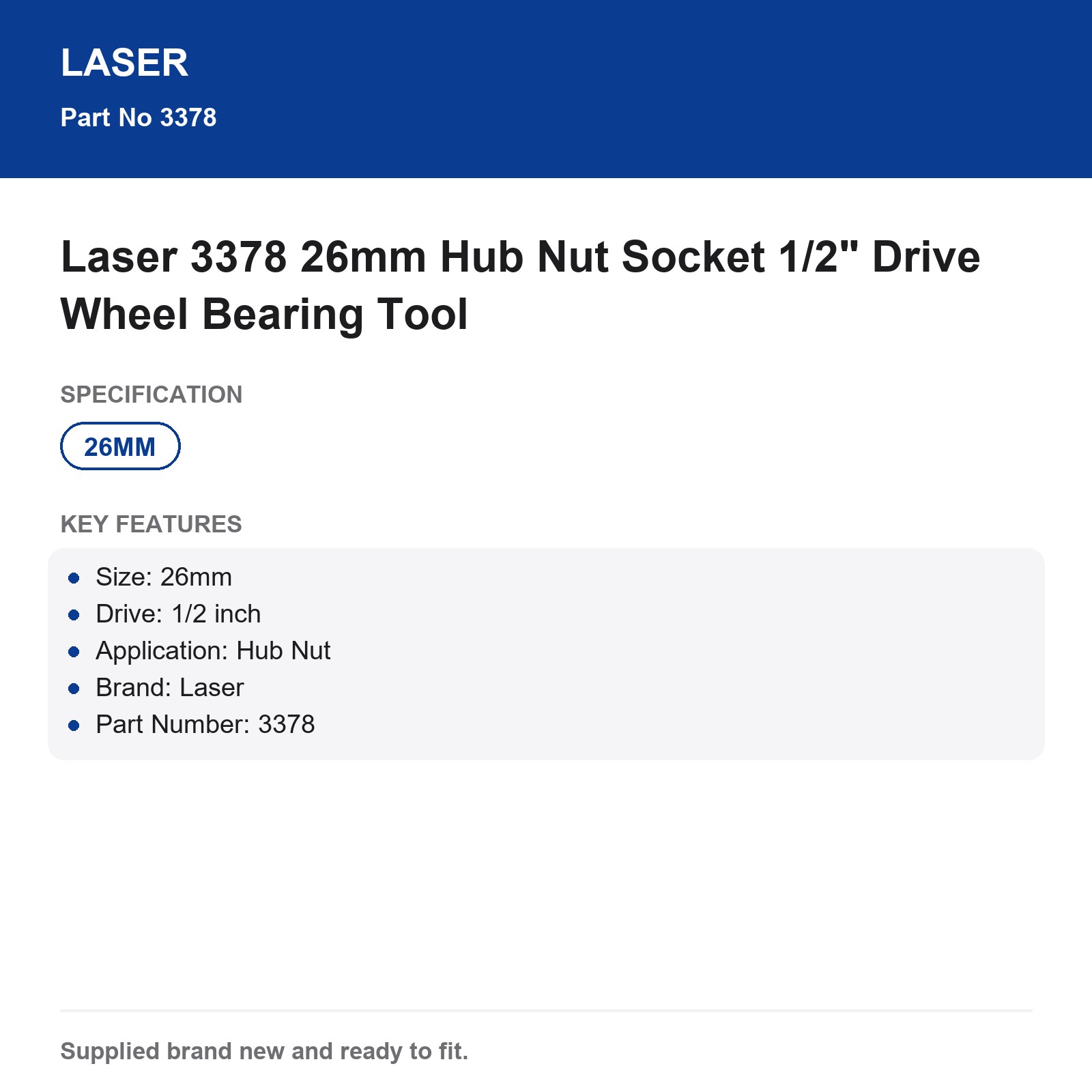 26mm Hub Nut Socket 1/2" Drive Laser 3378 - Image 3