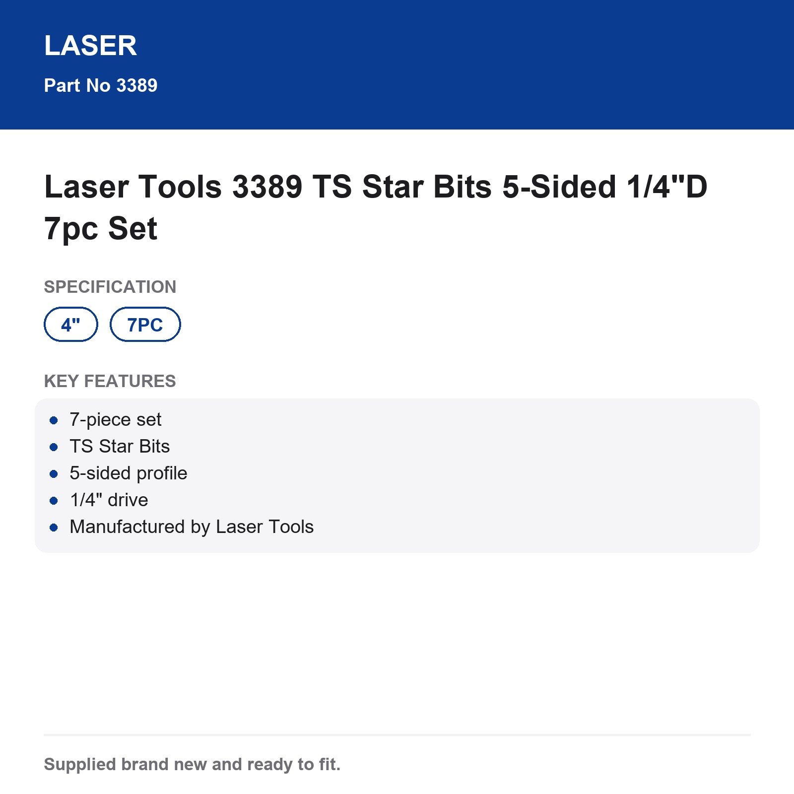 Laser Tools 3389 TS Star Bits 5-Sided 1/4"D 7pc Set - Image 3